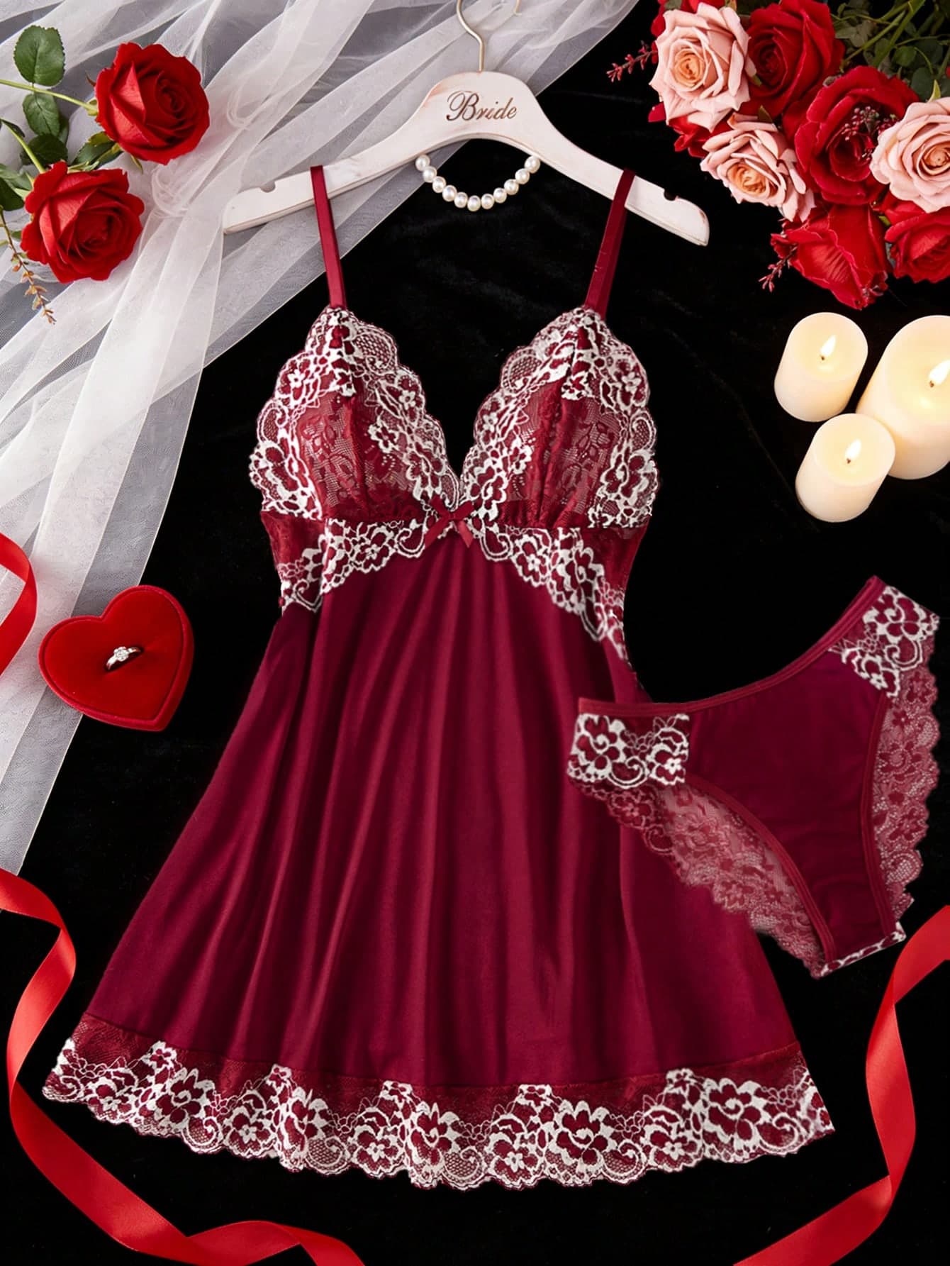 2pcs Contrast Floral Lace Sleepwear Set, V-Neck Semi-Sheer Bow Tie Nightgown And Panties, Elegant Women Pajamas