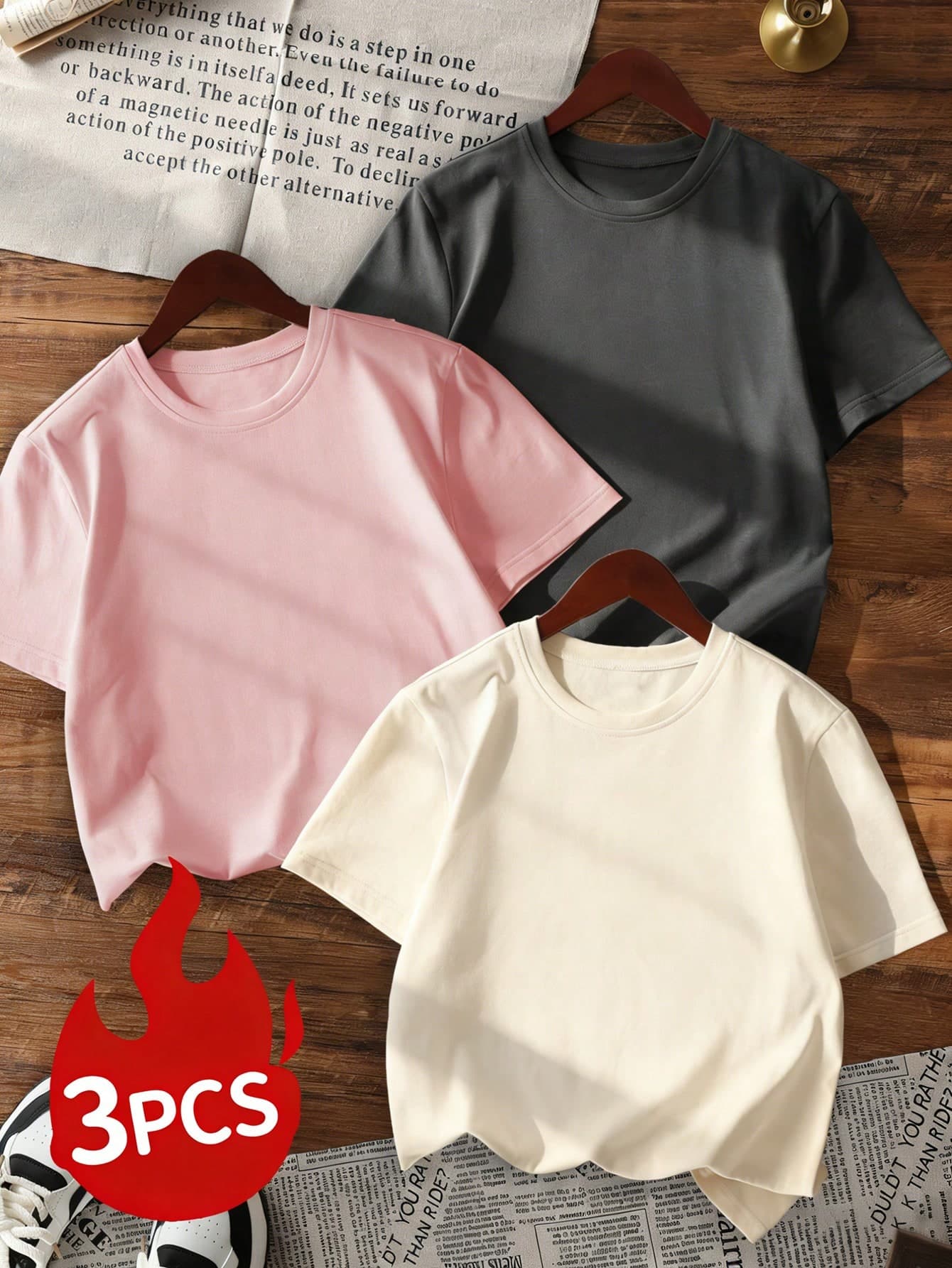 3pcs/Set Women's Summer Casual Round Neck Short Sleeve T-Shirts, Fashionable Solid Color Tops Suitable For Daily Wear. White Top, Black Top, Pink Top