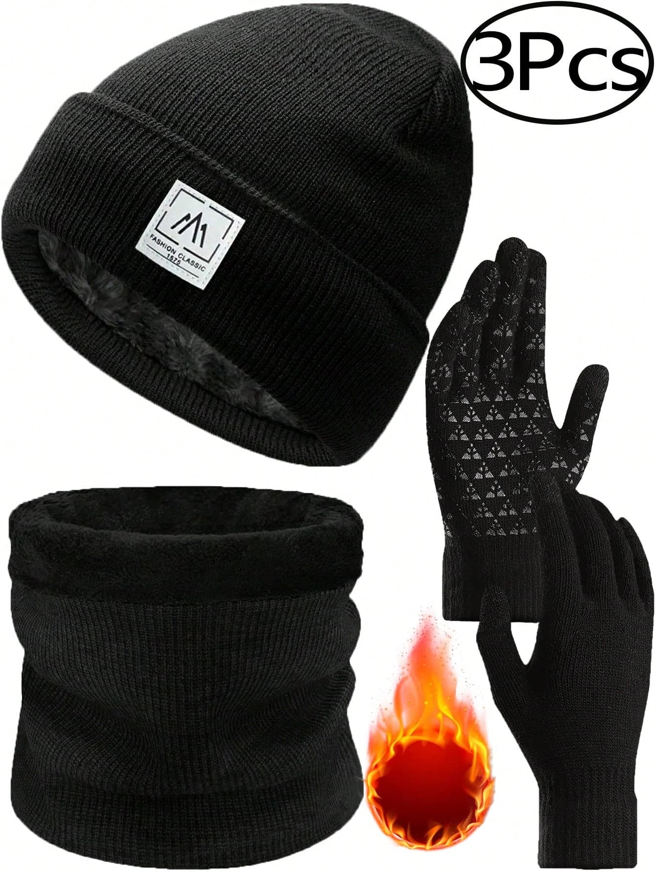 3Pcs Winter Hat Scarf Gloves Slouchy Beanie Snow Knit Skull Cap Touch Screen Mittens Circle Scarves For Men,Summer,Beach,Holiday