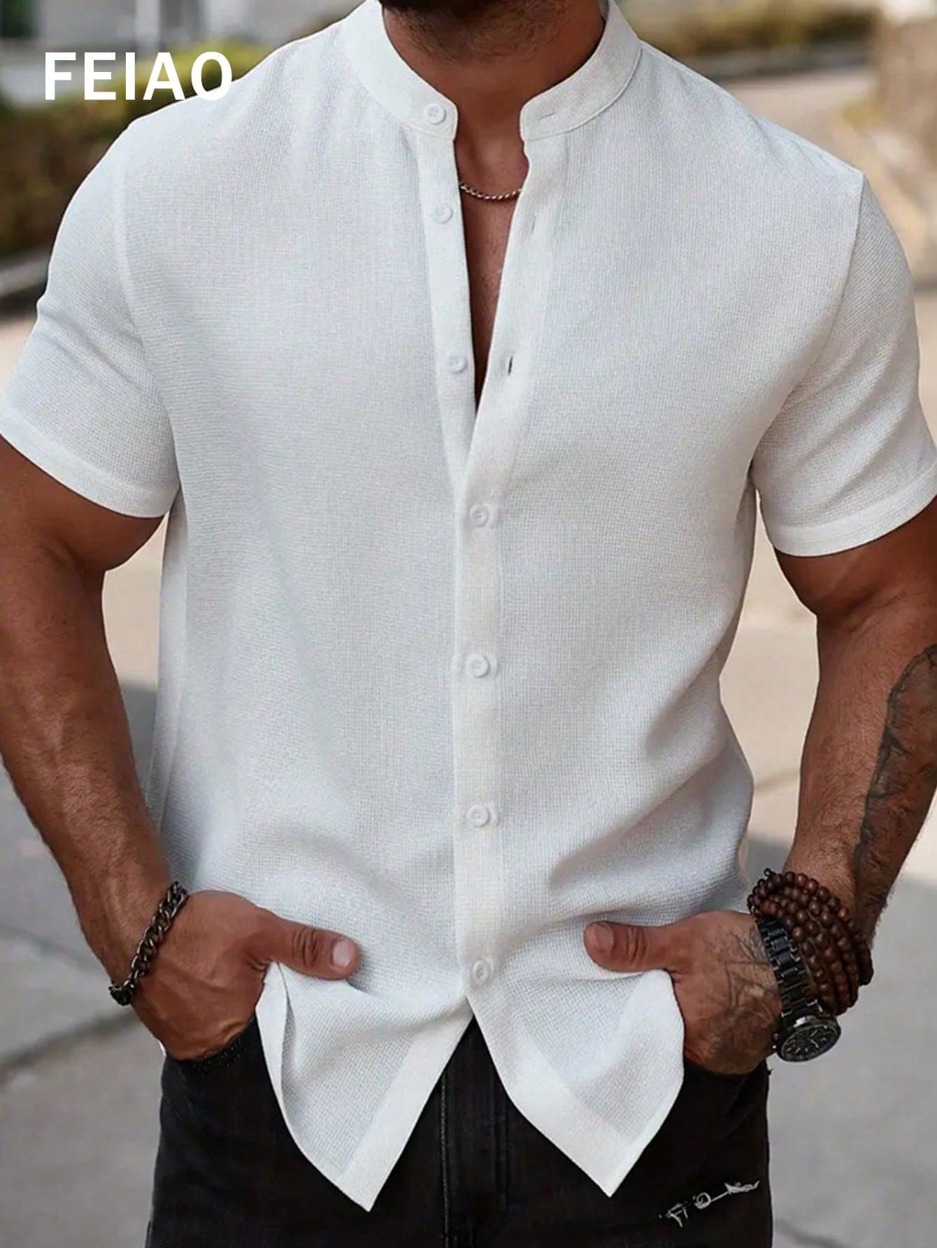 FEIAO 1pc Men's Vintage Old Money Style Polyester Non-Stretch Pure White Waffle Knit Fabric Short Sleeve Polo Shirt With Front Button Placket, Size Selection By Body Part