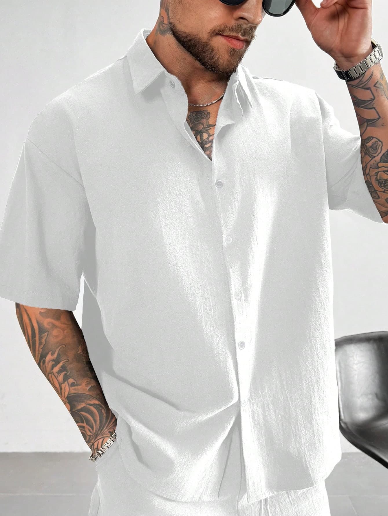 GloMan Drop Shoulder Men's White 100% Cotton Short Sleeve Shirt,Loose Fit Lapel Shirt,Summer Breathable Like-Line Casual Daily,Father/Husband