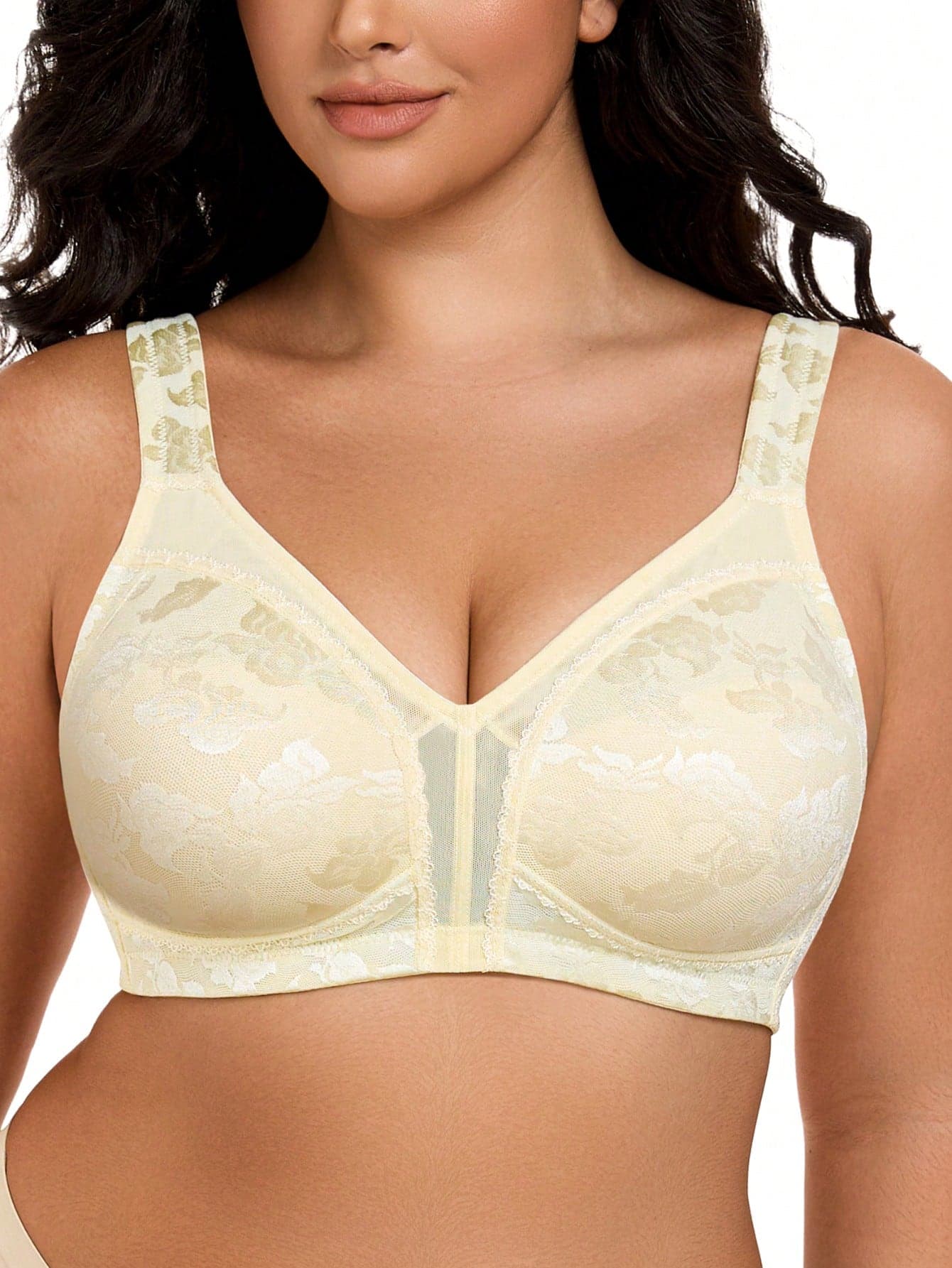 Plus Size Wireless Cream-Colored Bra, Made Of Breathable Mesh Fabric, With Adjustable Wide Straps, Soft And Supportive For Comfortable Daily Wear