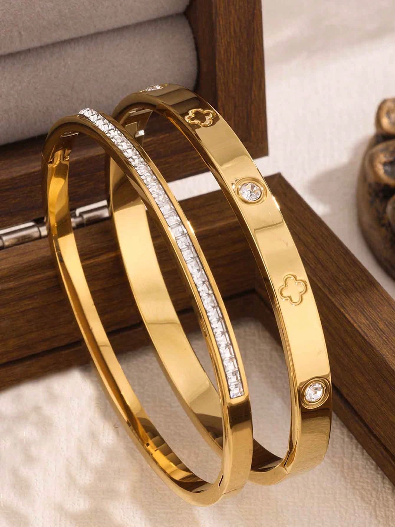 Luxury Sparkling Four-Leaf Clover Zirconia Stainless Steel Women Bracelet, Suitable For Multiple Occasions