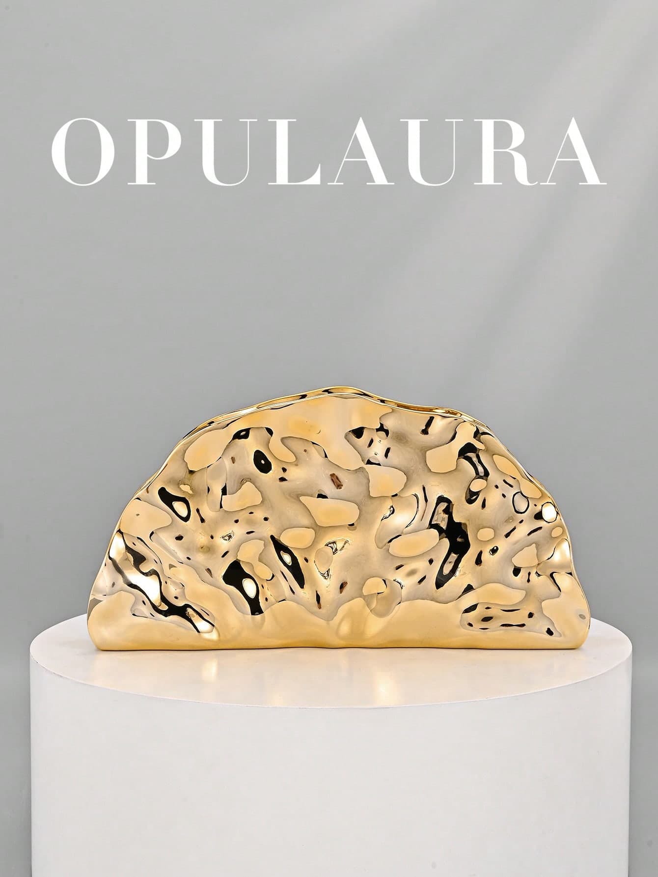 OpulAura Retro Shell-Shaped Textured Metal Color Clutch Bag, Asymmetric Design, Magnetic Closure, Perfect For Parties, Weddings, Graduations, Galas,