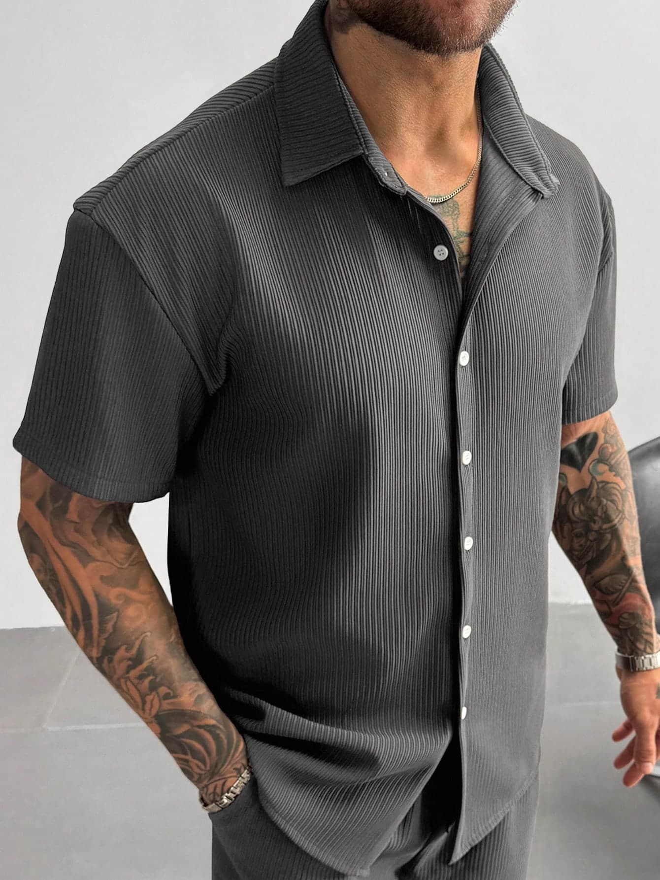 GloMan Old Money Men's Textured Solid Color Ribbed Knit Short Sleeve Lapel Shirt,Summer Resort Vacation Casual Office Wear,Gift For Dad Or Husband