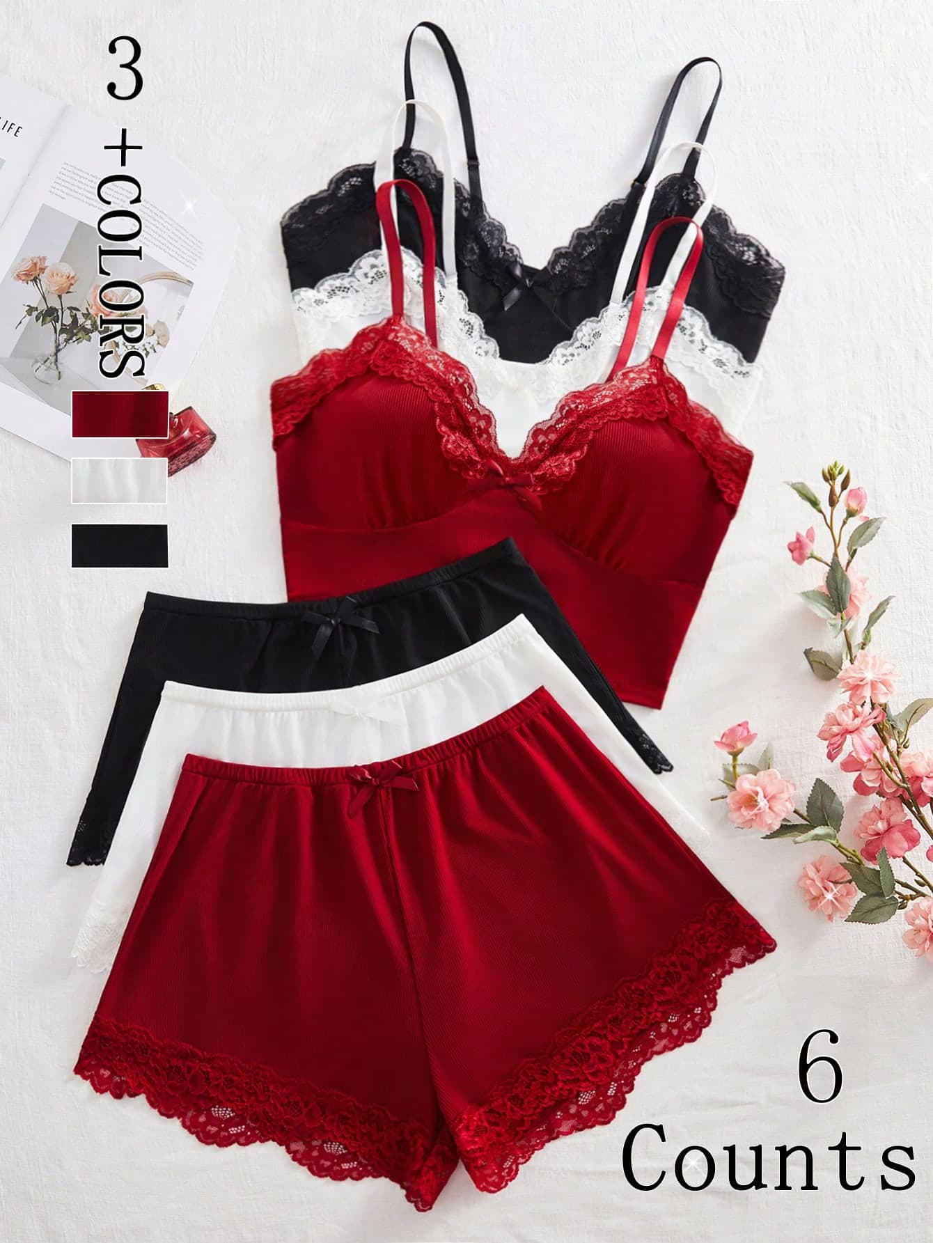 6pcs Women's Sexy Lingerie Set, Triangle Cup Adjustable Strap Top & Bow Decor Shorts, Comfortable Solid Color Casual Loungewear