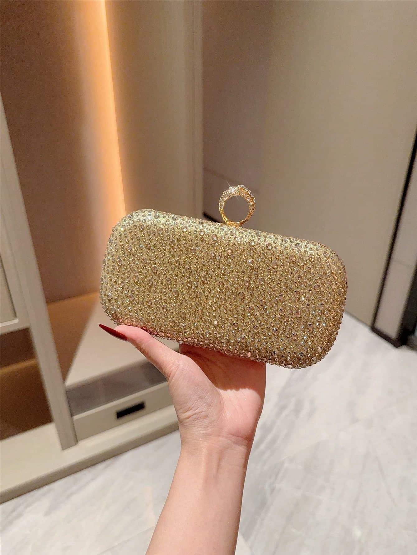 1pc Moonlit Eve Bag, Gold Luxury Rhinestone Decor Metal Chain Shoulder Bag, Elegant Mini Square Evening Clutch, Suitable For Weddings, Parties, Formal Occasions, Women's Gift, Party Bag, Perfect For Parties, Weddings, Christmas/Halloween Balls, Dinners/Galas, Essential For Weddings, Pairs Perfectly With Graduation Dresses, Ball Gowns, Complements Ball Accessories