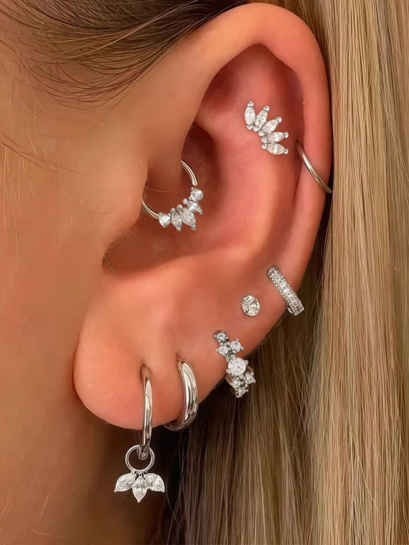 8pcs Elegant Cubic Zirconia Stud Earrings Set, Multi-Layer Cartilage Earrings, Suitable For Women's Daily, Date, Party, Layering