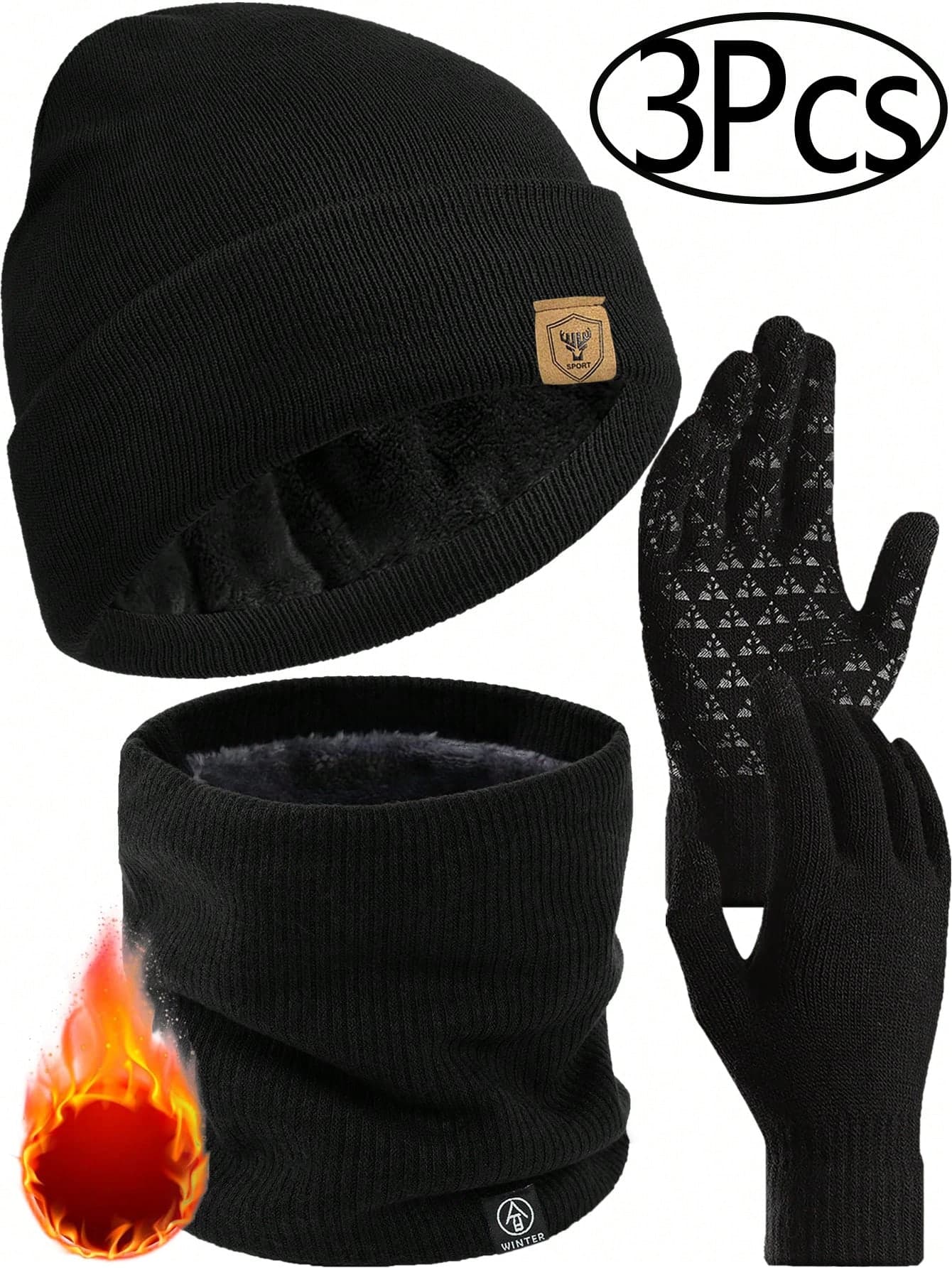 Winter 3 Pieces Set With Deer Logo - Black Thermal Lined Knit Hat, Scarf & Touchscreen Gloves | Windproof & Thermal Polyester Accessories For Skiing, Cycling & Outdoor Sports | Complete Cold Weather Gear For Autumn & Winter Seasons