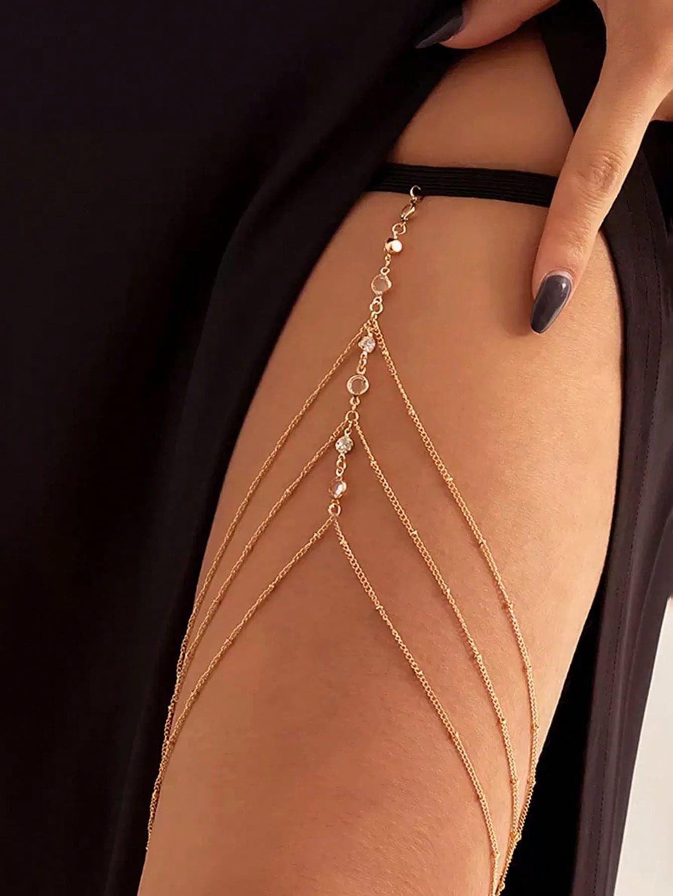 1pc Women's Sexy Multi-Chain Leg Chain, Gold/Silver Sexy Leg Chain With Imitation Diamond Multi-Layer Beaded Body Chain