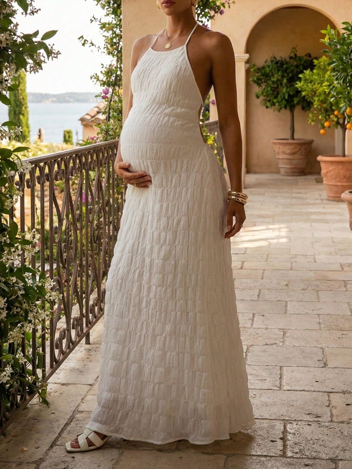 White Maternity Dress, Elegant Casual Commute Vacation Minimalist Sexy Backless White Maxi Dress, Birthday Party Vintage Style Bodycon Solid Color Round Neck Sleeveless Waist Cinched Mid-Length/Long Dress, Bohemian Style Summer