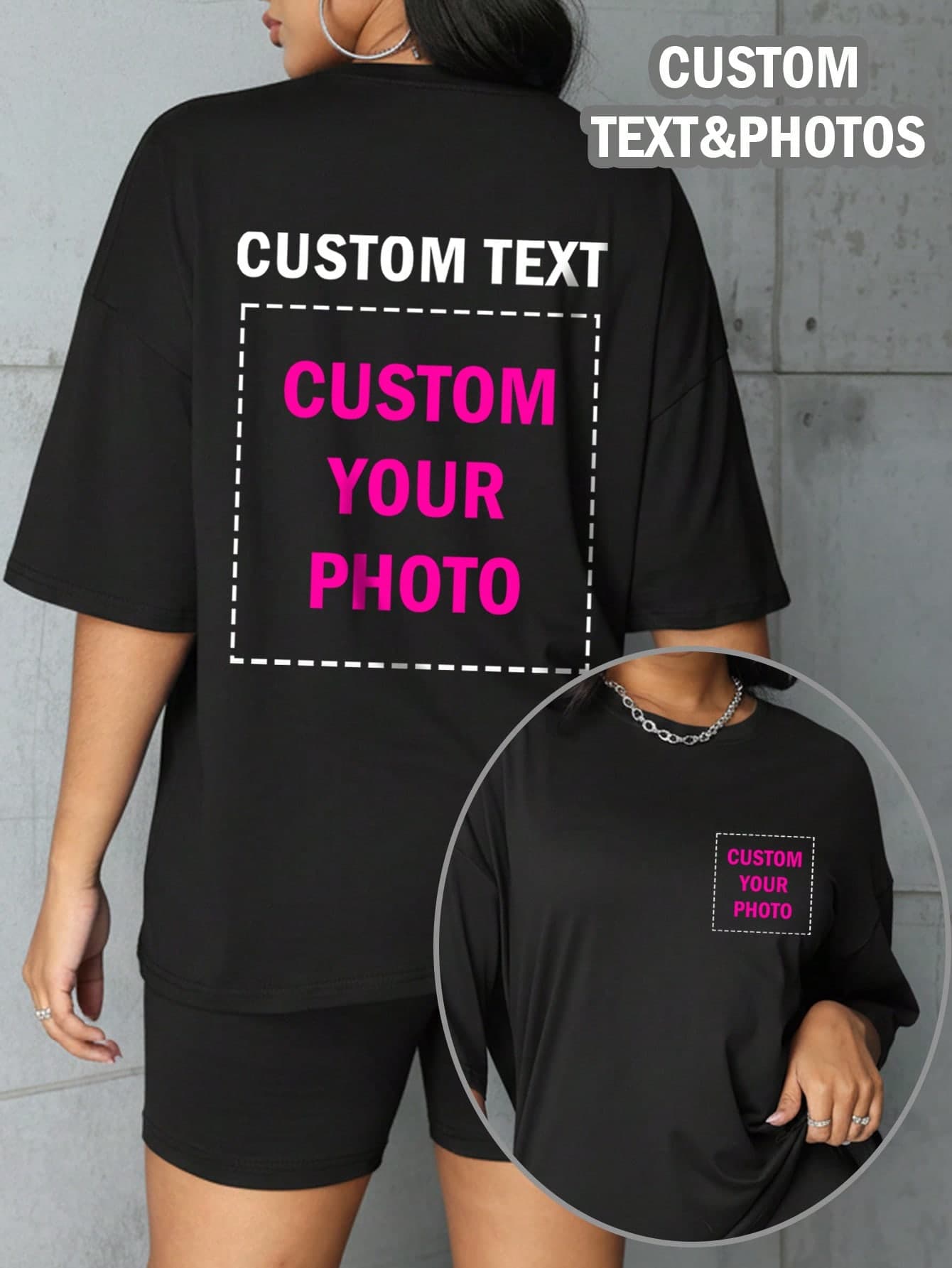 Plus Size Women's T-Shirt With Personalized Front And Back Patterns, Add Your Own Photos Logos Or Pet Pictures, Gym Yoga Top Gift Ideas Black Summer