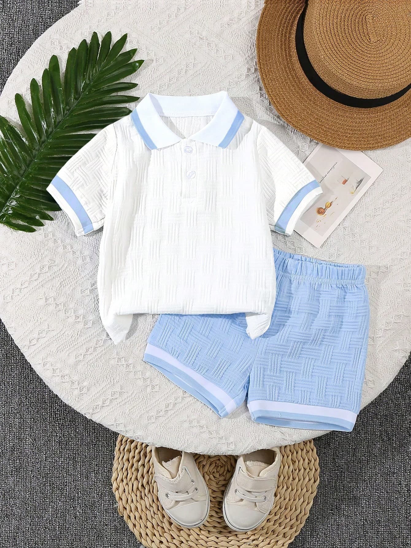 Bhchntiy 2pcs/Set Infant Boys Polo Collar Jacquard Solid Color Top And Shorts Casual Fashionable Outfit, Summer