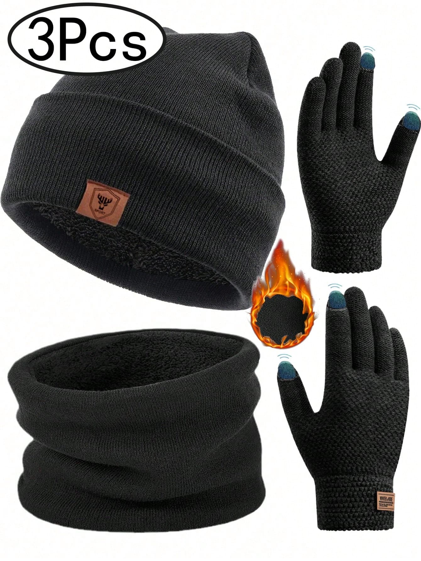 3 Pieces Set: Knit Hat, Scarf, And Touch Screen Gloves, With Thermal Lined, Winter