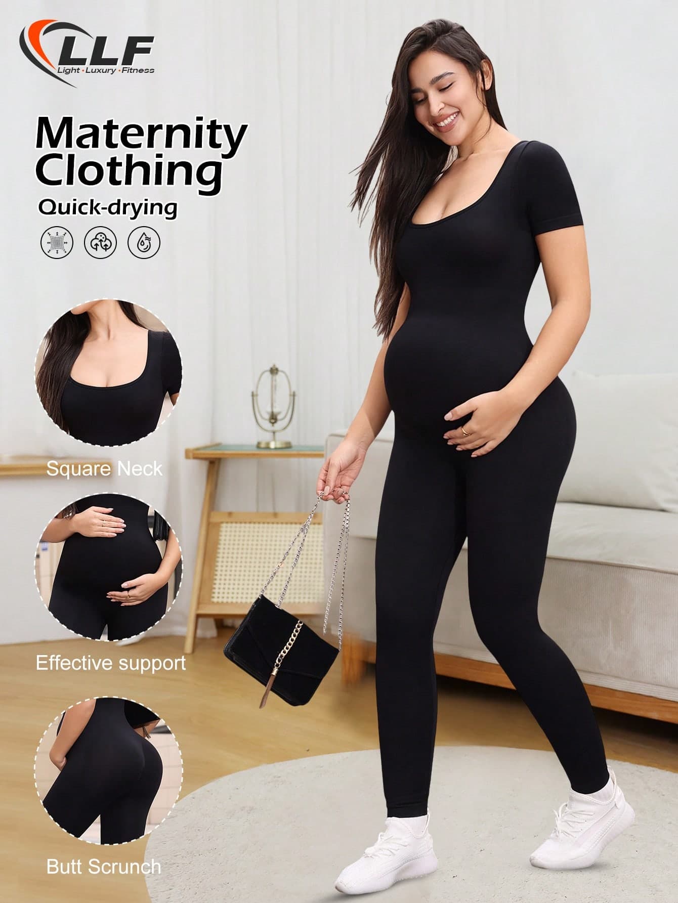 1pc Seamless Solid Color Short Sleeve Maternity Jumpsuit, Crafted With Seamless Knitting Technology For Perfect Body Fit. Black Skin-Friendly Fabric With Excellent Elasticity, Providing Flexibility And Support For The Abdomen, Suitable For Sports, Yoga, Jogging, Home, Commuting And Various Occasions. Summer