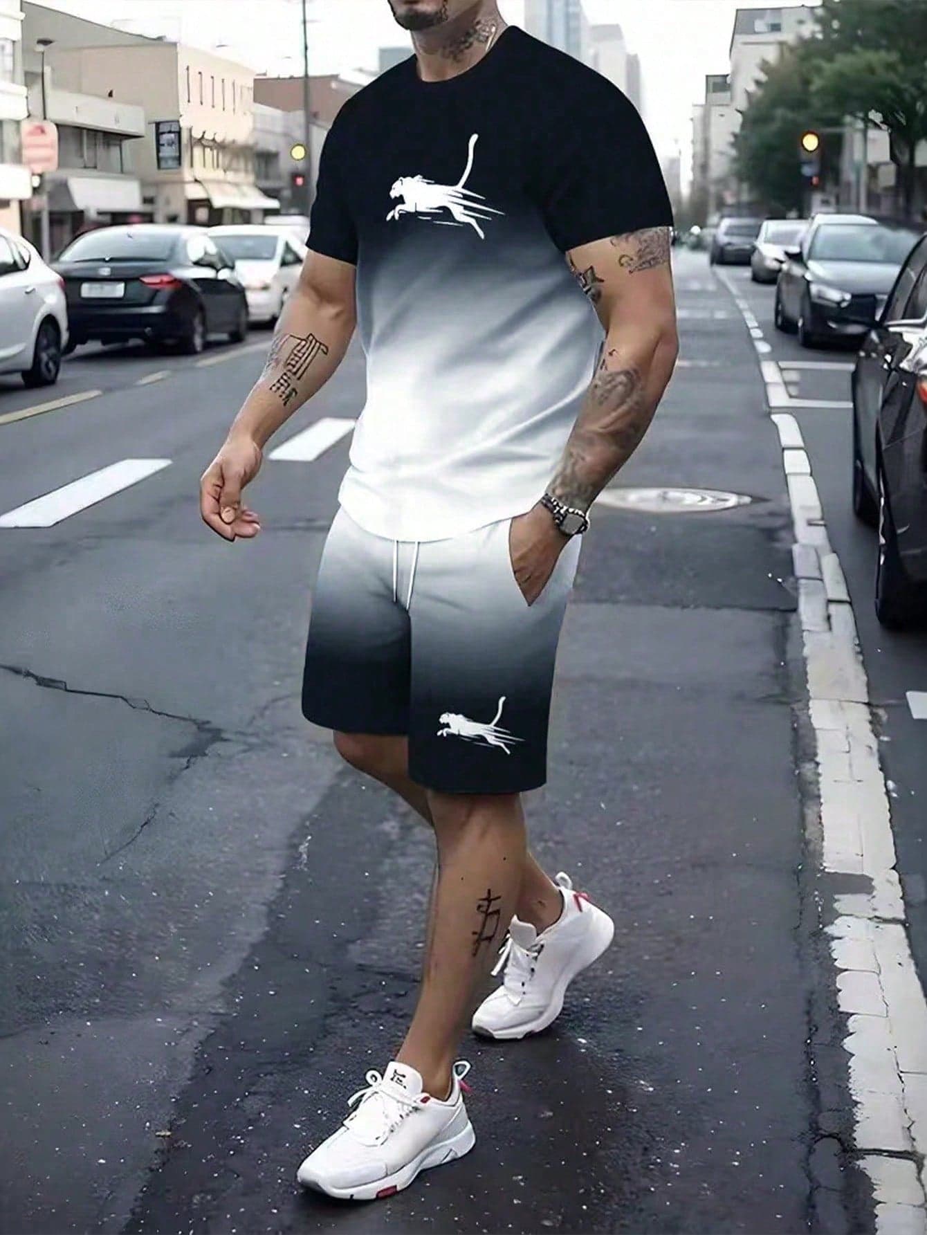TAI TONG MIAO Men's Summer Gradient Print Round Neck Short Sleeve Casual T-Shirt And Drawstring Waist Shorts Set