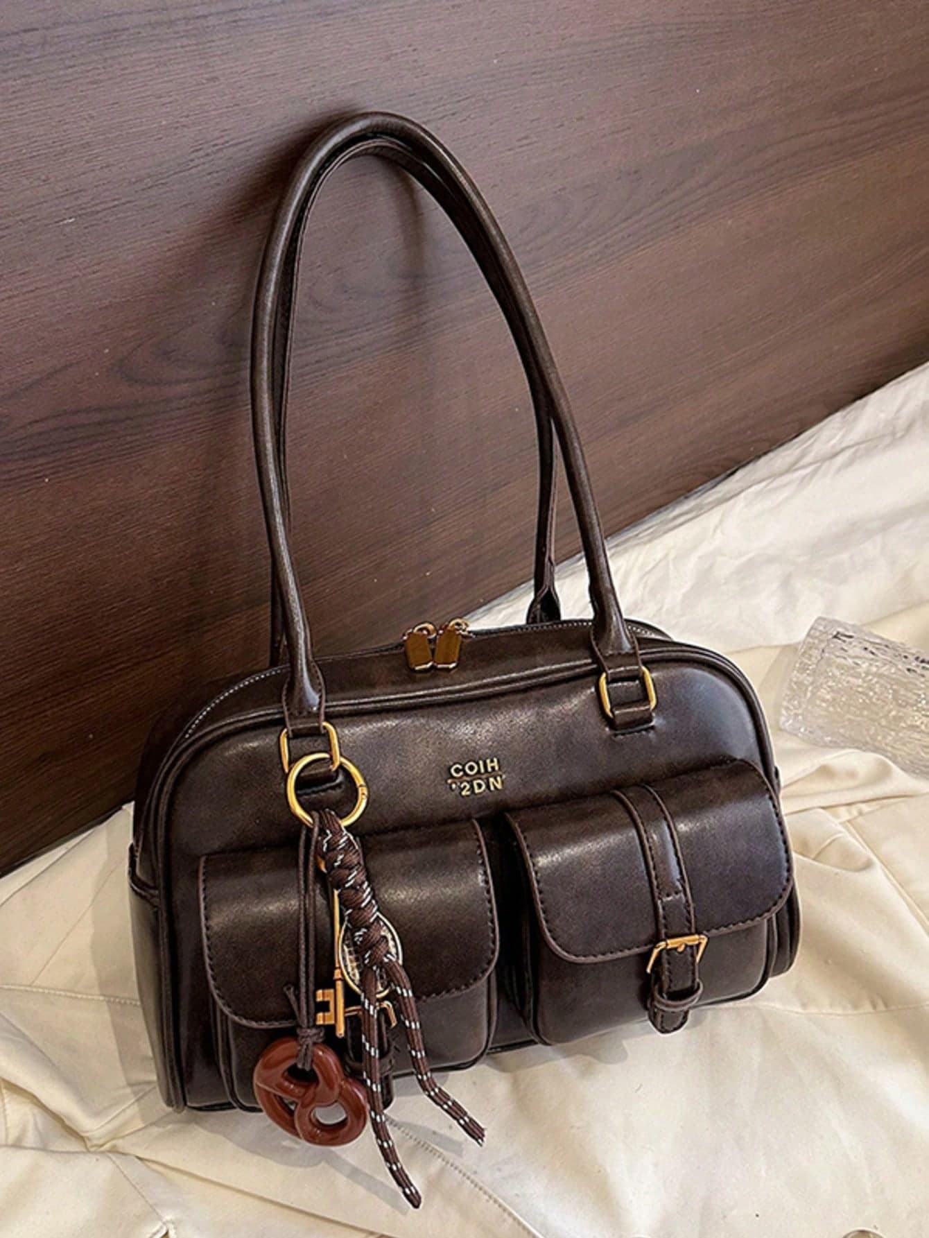 Women's Retro Solid Color PU Leather Shoulder Bag, Multi-Pocket Design, Large Capacity, With Detachable Decorative Pendant, Vintage Style, Office Bag