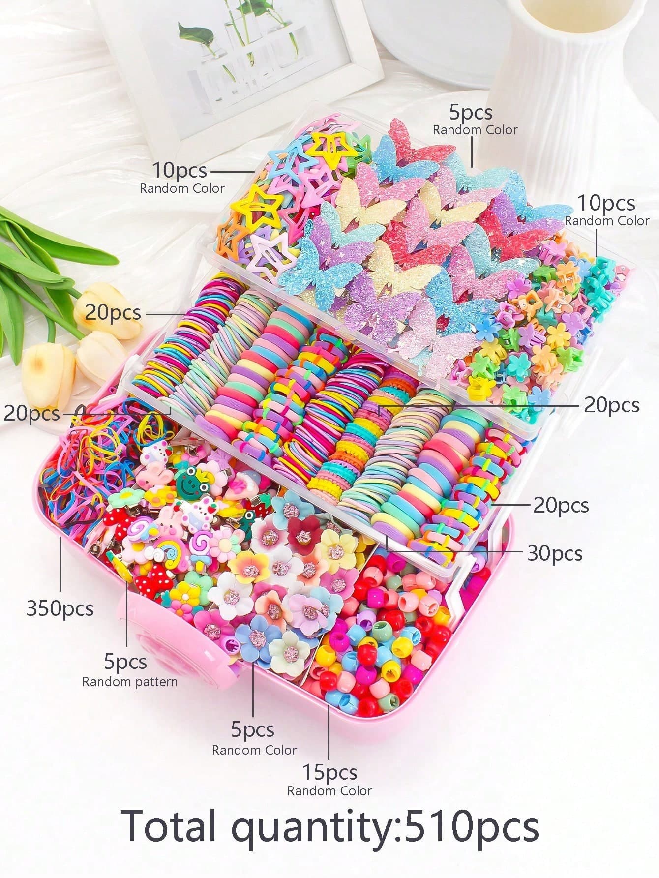 510pcs/Set Girls' Colorful Cute Shiny Butterfly, Dopamine, Star Hair Clips, Barrettes, Elastic Hair Ties, Hair Accessories Gift Set