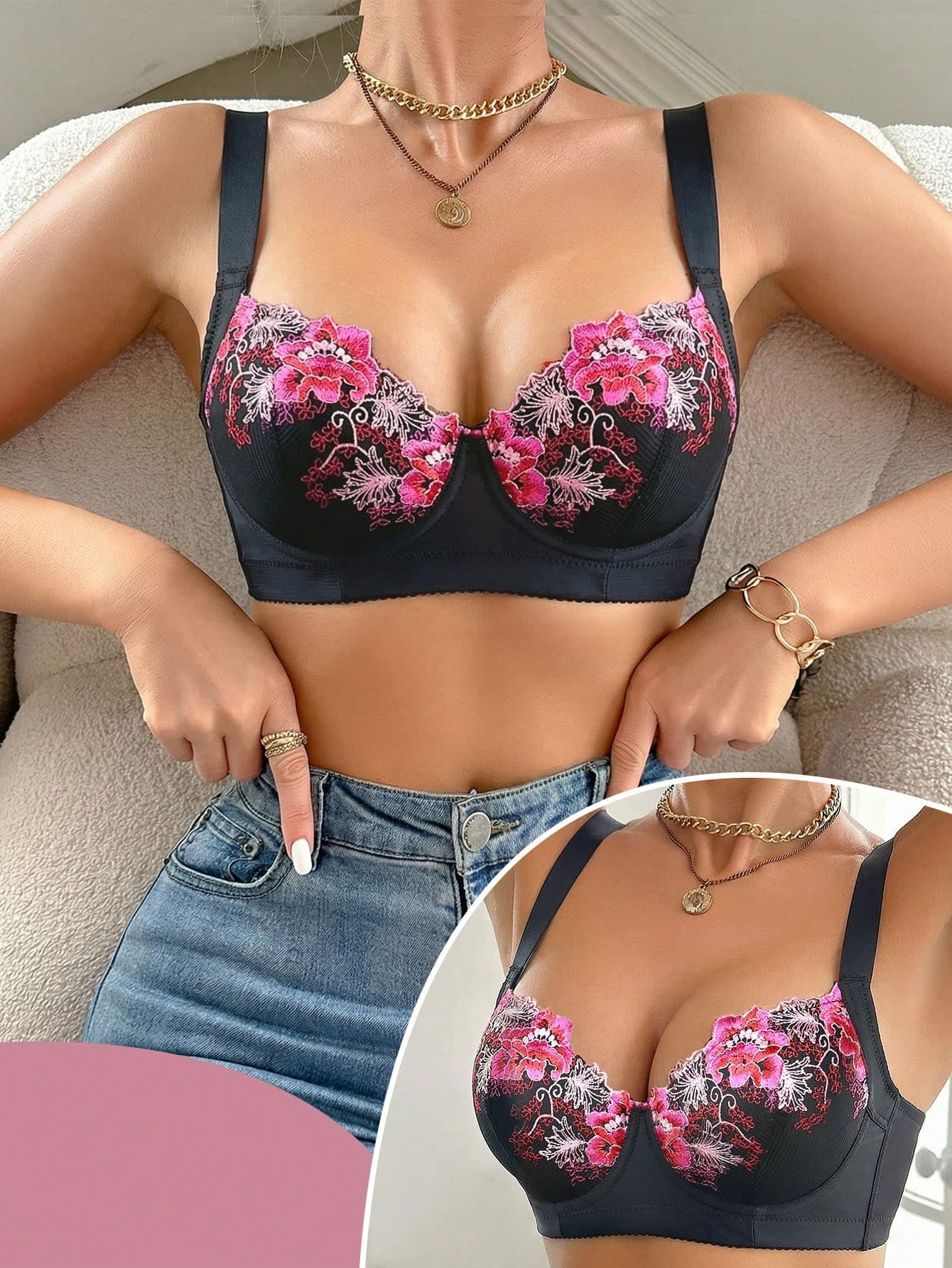Women's Lace Embroidery Underwire Bra (Wide Strap) - Enhances Bust, Lifts, Side Support, Sexy, Comfortable, Fashionable, Essential Lingerie