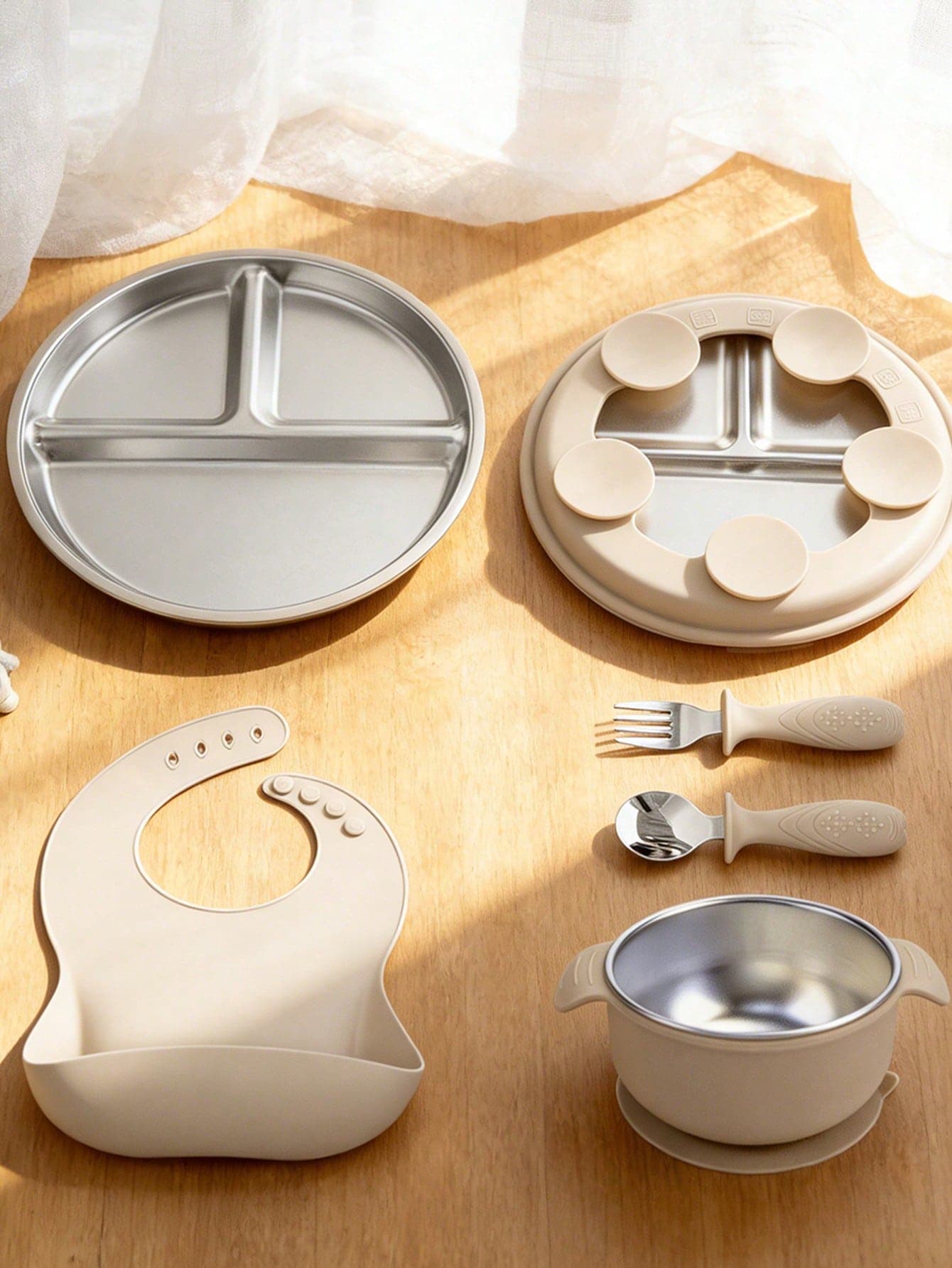 5-Piece/4-Piece Stainless Steel Utensil Set, Baby Feeding Set, Weaning And Food Transition Tools, Bib, Stainless Steel Tray, Stainless Steel Bowl