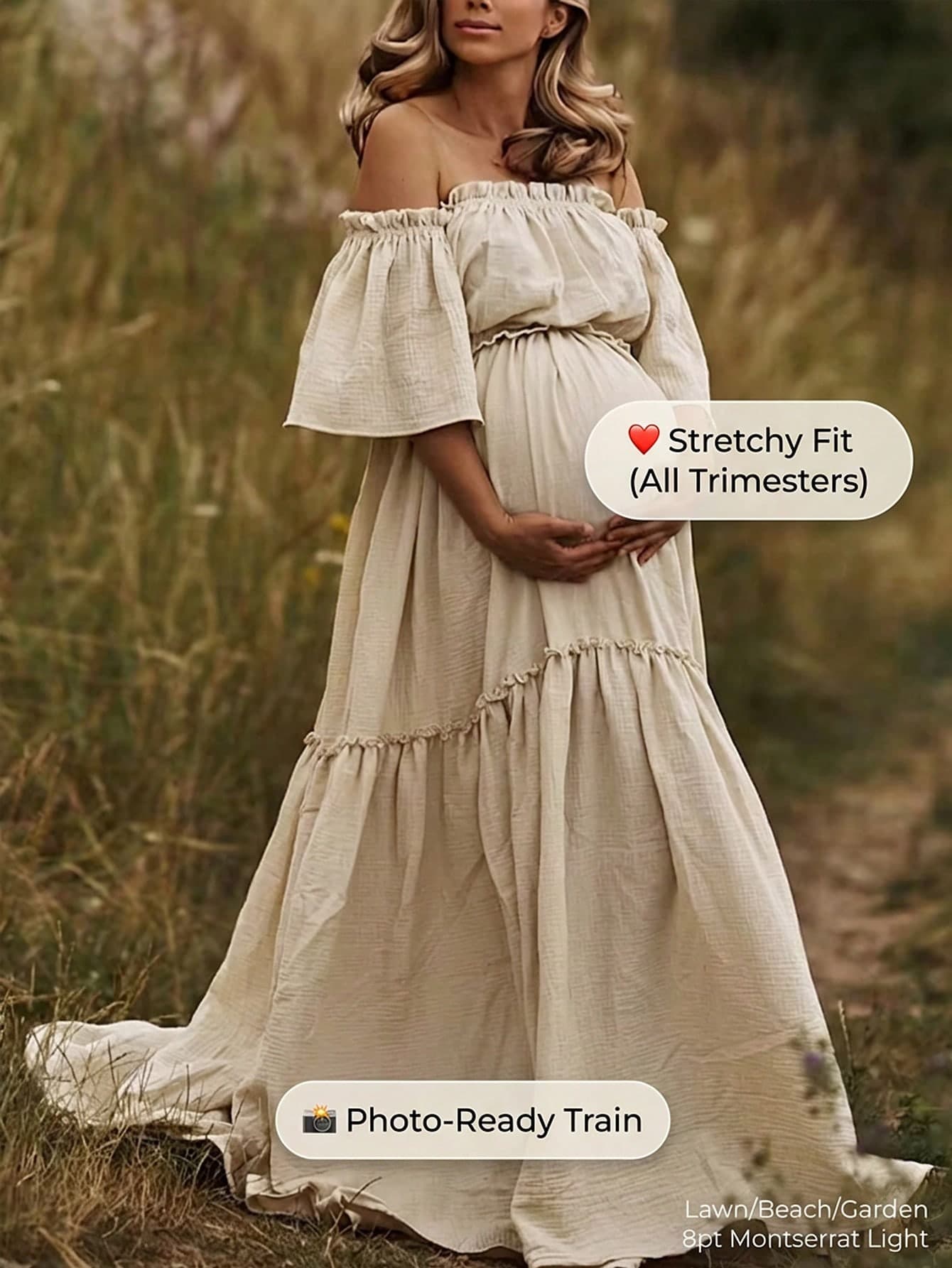 Oatmeal/Ivory Maternity Off-Shoulder Layered Short Sleeve Poplin Fabric Slight Stretch Dress, Ruffle Hem Train Skirt Suitable For Lawn, Beach, Garden And Other Special Occasion Photoshoots