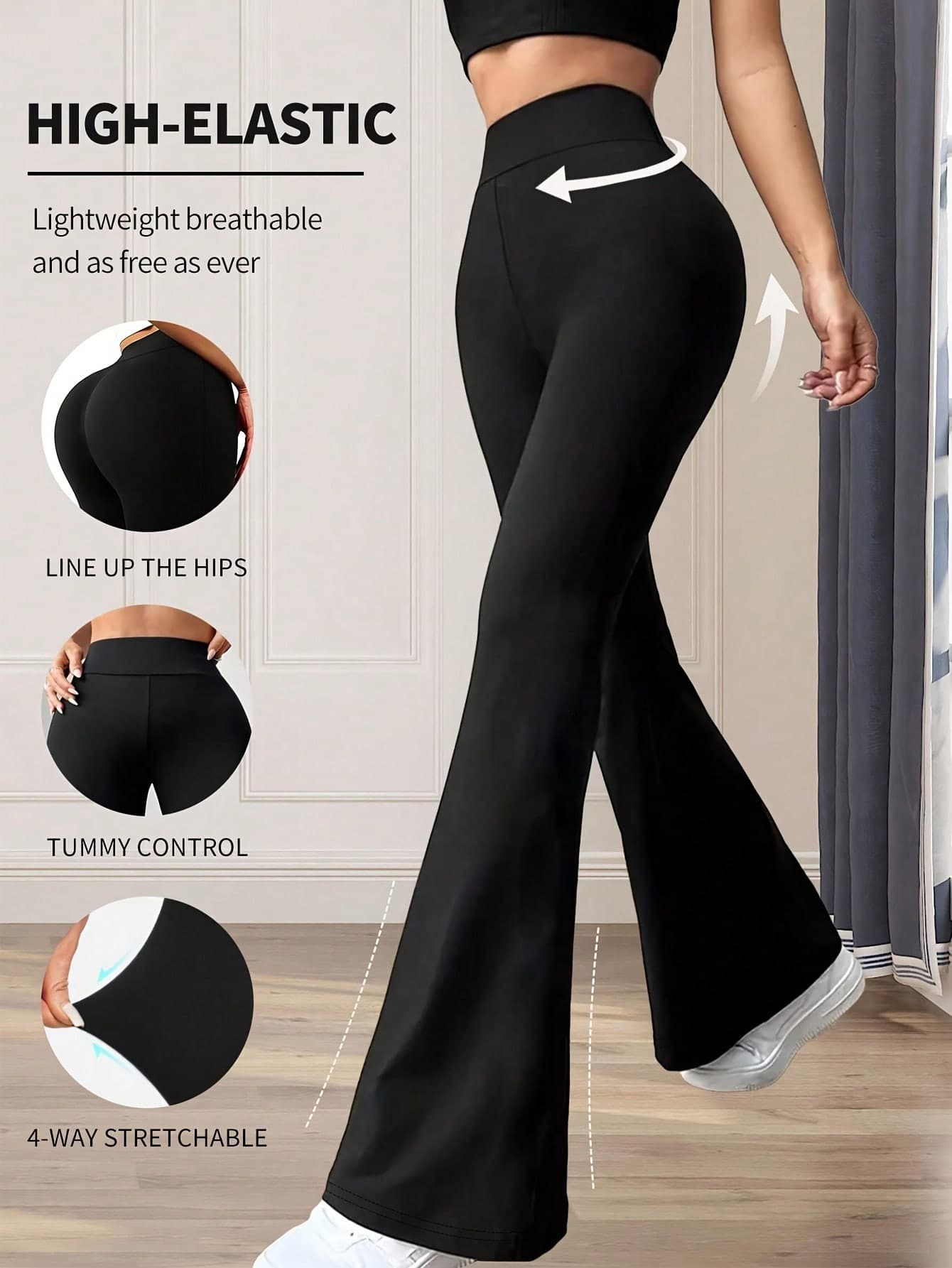 High Waist Solid Color Flare Pants, High Stretch Yoga Flare Leggings, Women Sports Wear Black Spring