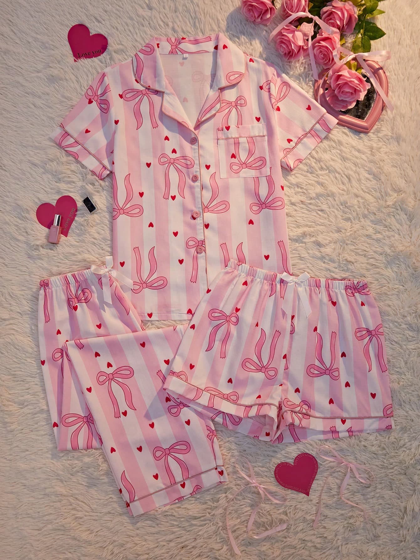 Spring Cute Casual Loose Comfortable Striped Heart Bow Print Patch Pocket Front Button Short Sleeve Top Shorts Long Pants 3pcs Set Summer Women's Pajama Set