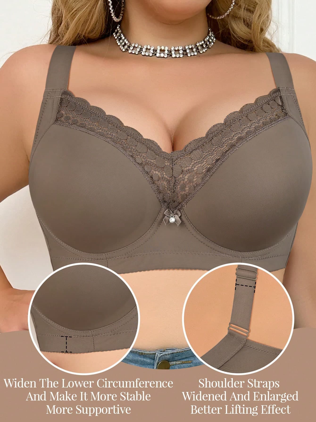 mimilemon Plus Size Women's Underwire Bra - Wide Strap, Uplifting Side Support, Lace Trim And Bow Details, Comfortable Full Coverage, Suitable For Daily Wear
