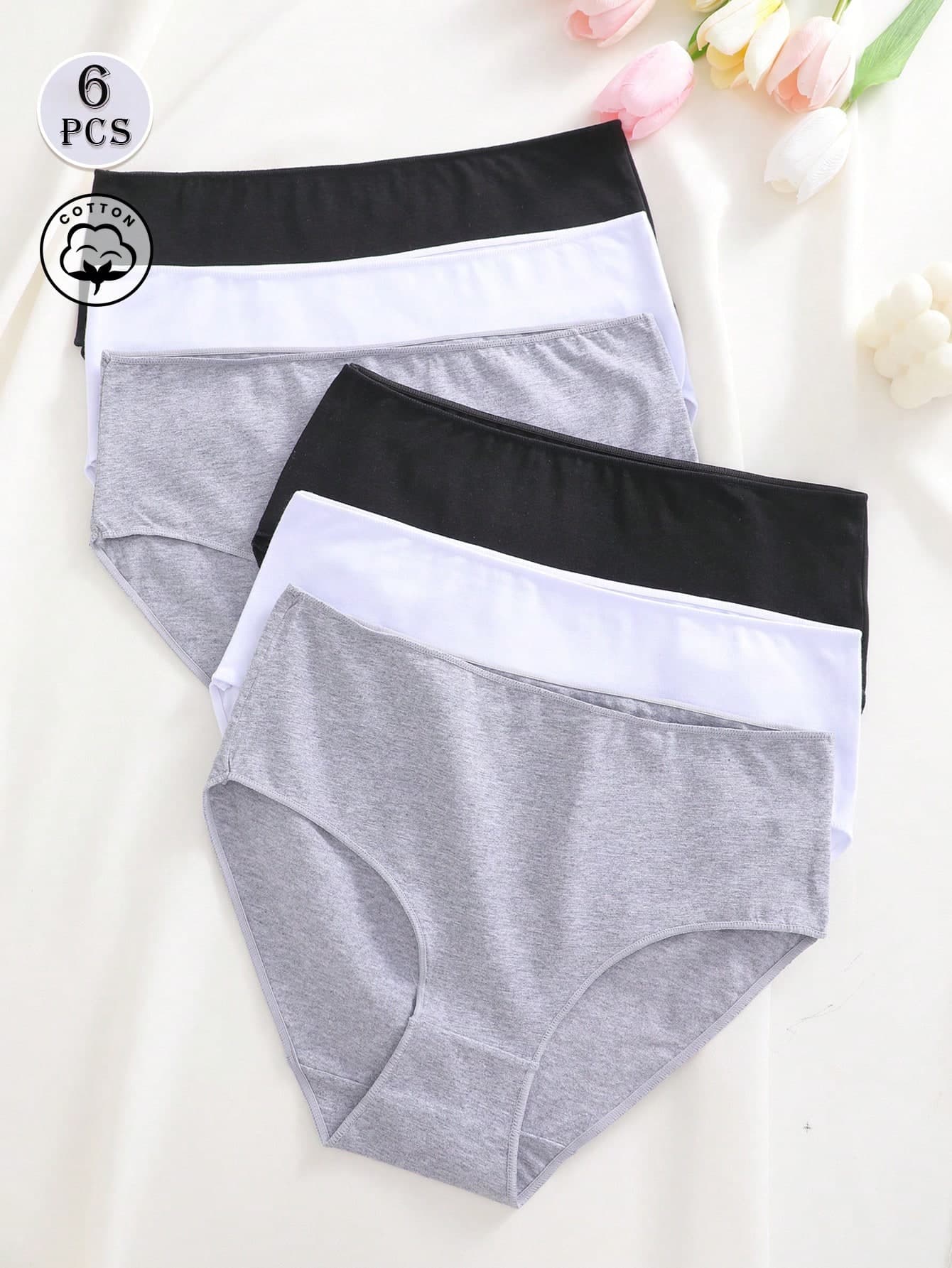 6pcs/Set Solid Color Cotton Basic Comfortable Breathable High Waist Women's Triangle Panties