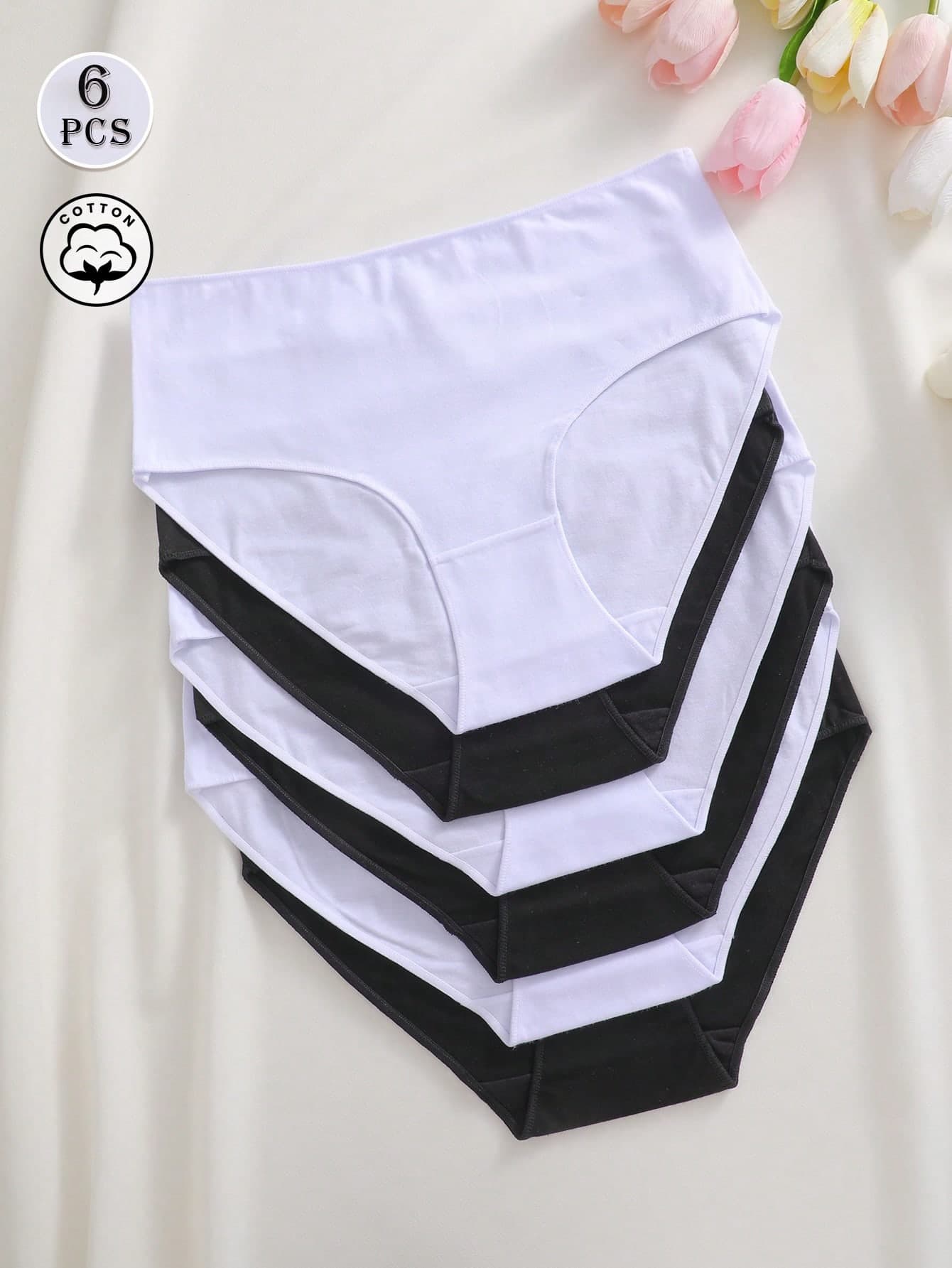 6pcs Solid Color Cotton Basic Comfortable Breathable High Waist Women's Triangle Panties