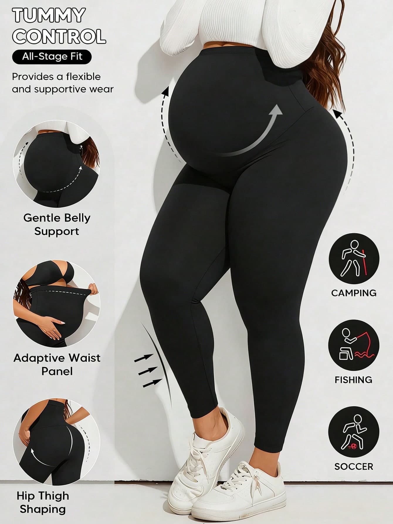Autumn/Winter New Women's Plus Size Solid Color Ultra High Waist Maternity Leggings, Adjustable Elastic Waist, Soft Slim Fit, Yoga Wear Sports Black