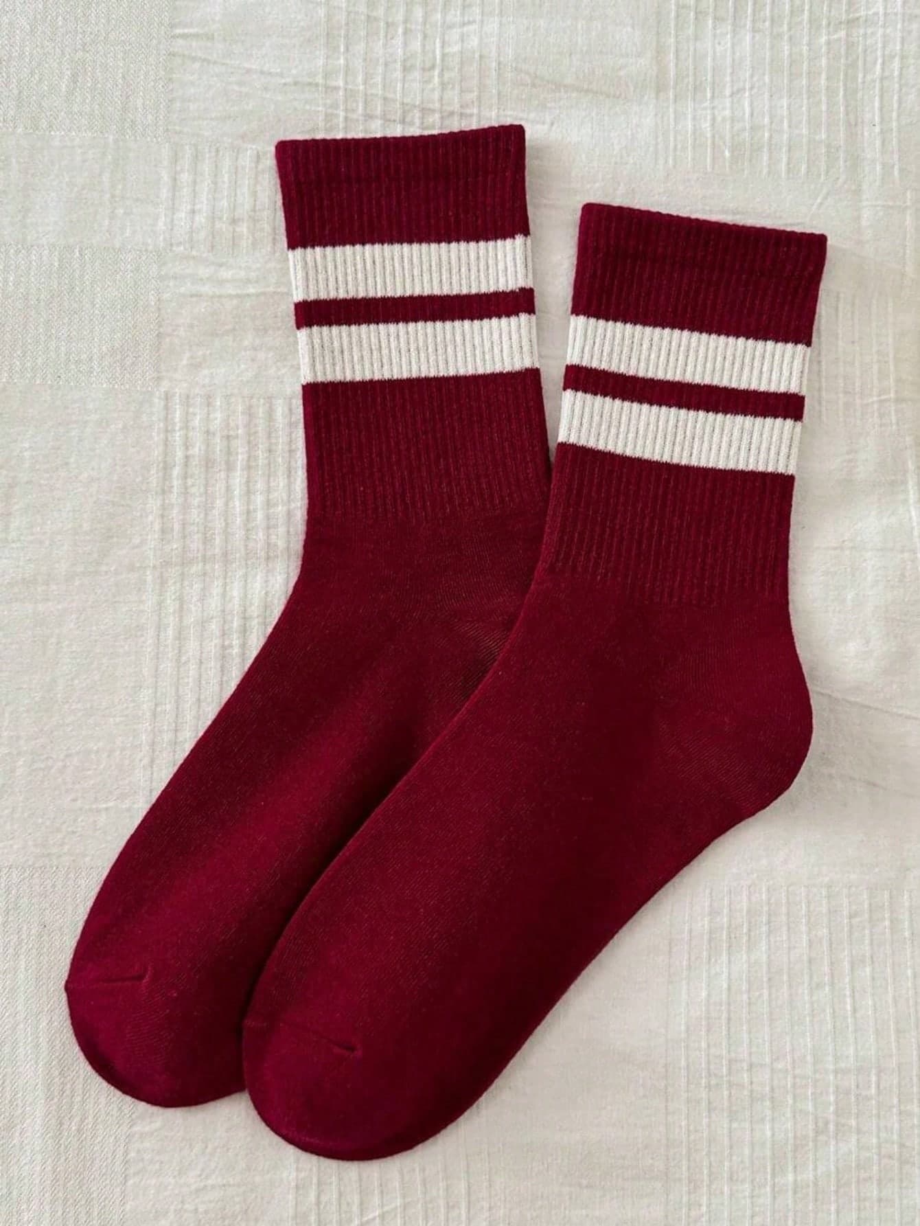1/4 Pair Fashionable Red & White Thick Women Socks, Minimalist Style Knitted Mid-Calf Socks, Soft