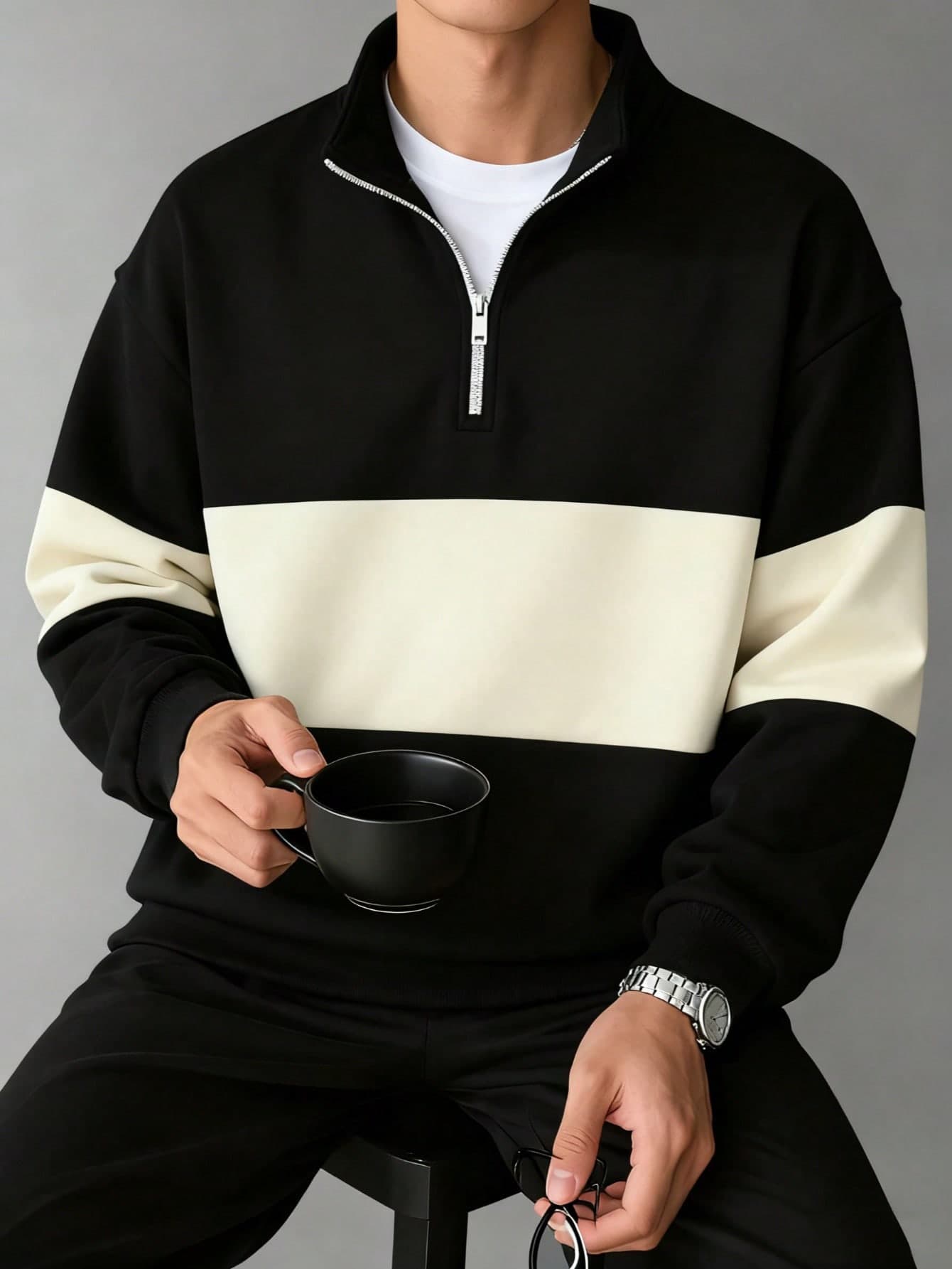 Men's Casual Fashionable Versatile Contrast Color Collegiate Style Comfortable Half-Zip Long Sleeve Sweatshirt, Autumn/Winter