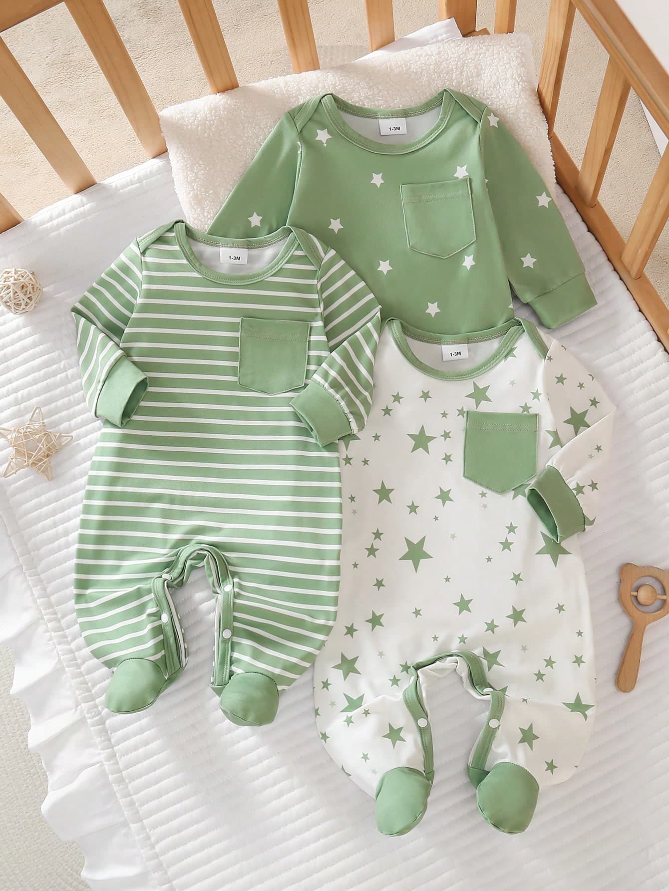 3pcs/Set Star Print Footie Jumpsuit Outfit, Green