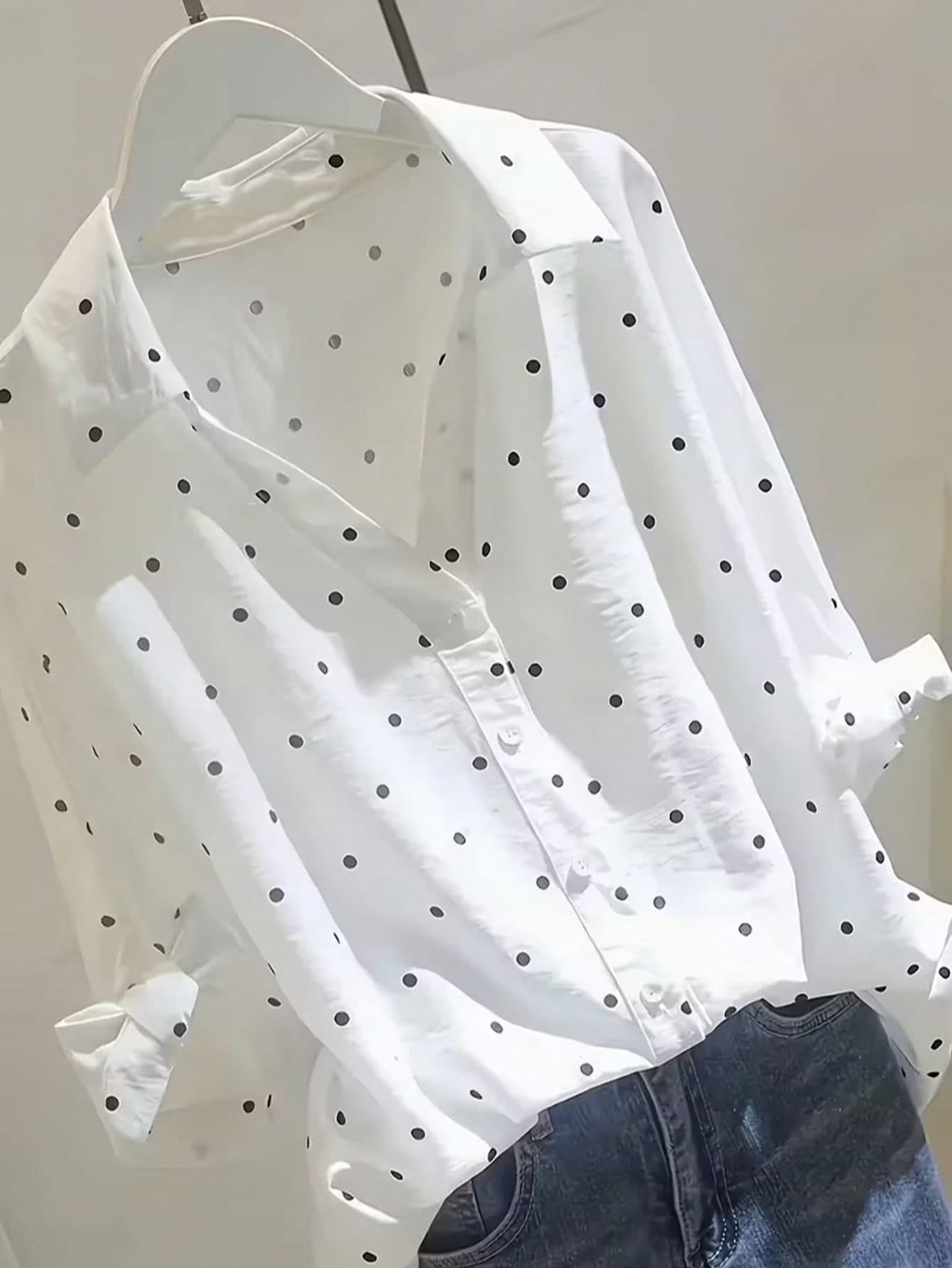 Women's Polka Dot 3/4 Sleeve Blouse - Collar Button Front Top, With Tie Cuffs Vacation White