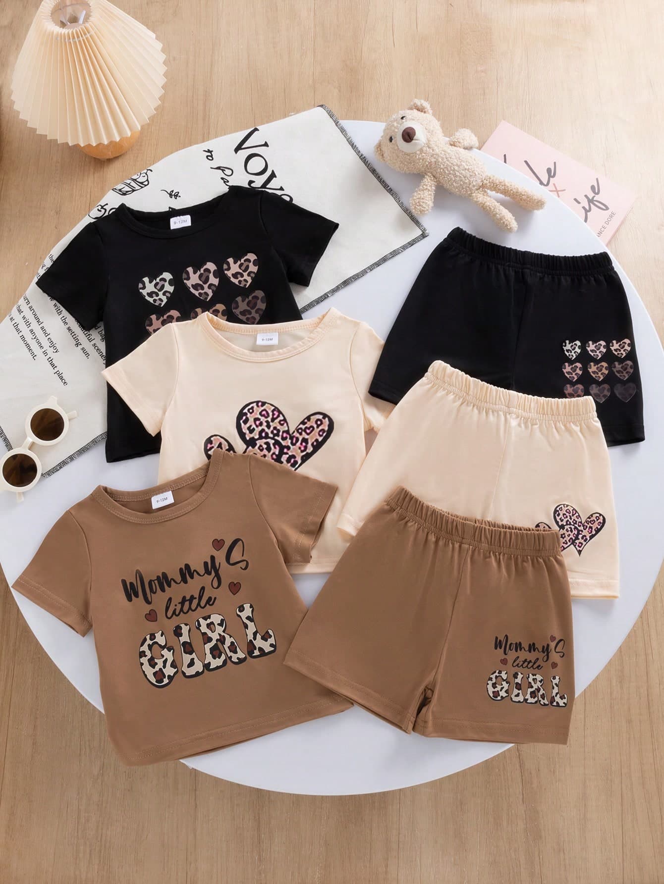 6pcs Baby Girls' Casual Cute Apricot, Black, Khaki Short Sleeve Round Neck T-Shirts With Leopard Print & Letter Decor, Matched With 3 Pairs Of Shorts, Suitable For Daily And School Outfits