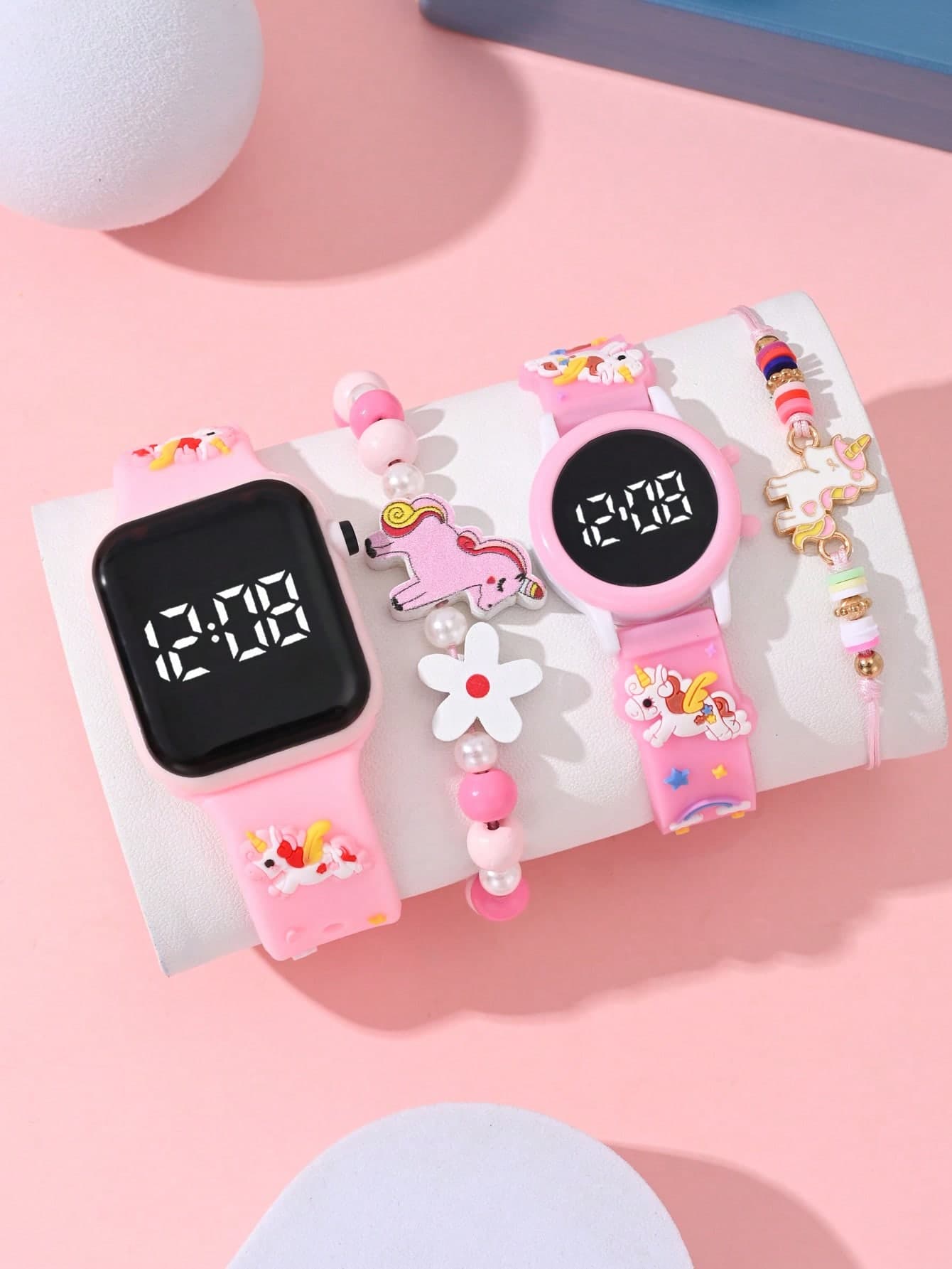 4pcs/Set Girls' Square LED Digital Display Children's Watch, Unicorn Sweet Element Round Wristband Clock, Affordable Back To School Watch, Fashionable School Supplies For Students, Electronic Watch & Beaded Unicorn Dopamine Style Alloy Braided Unicorn Children's Bracelet, Suitable For Daily Life, School, Party, Travel, Friend's Birthday Gift, Perfect Gift For Girls