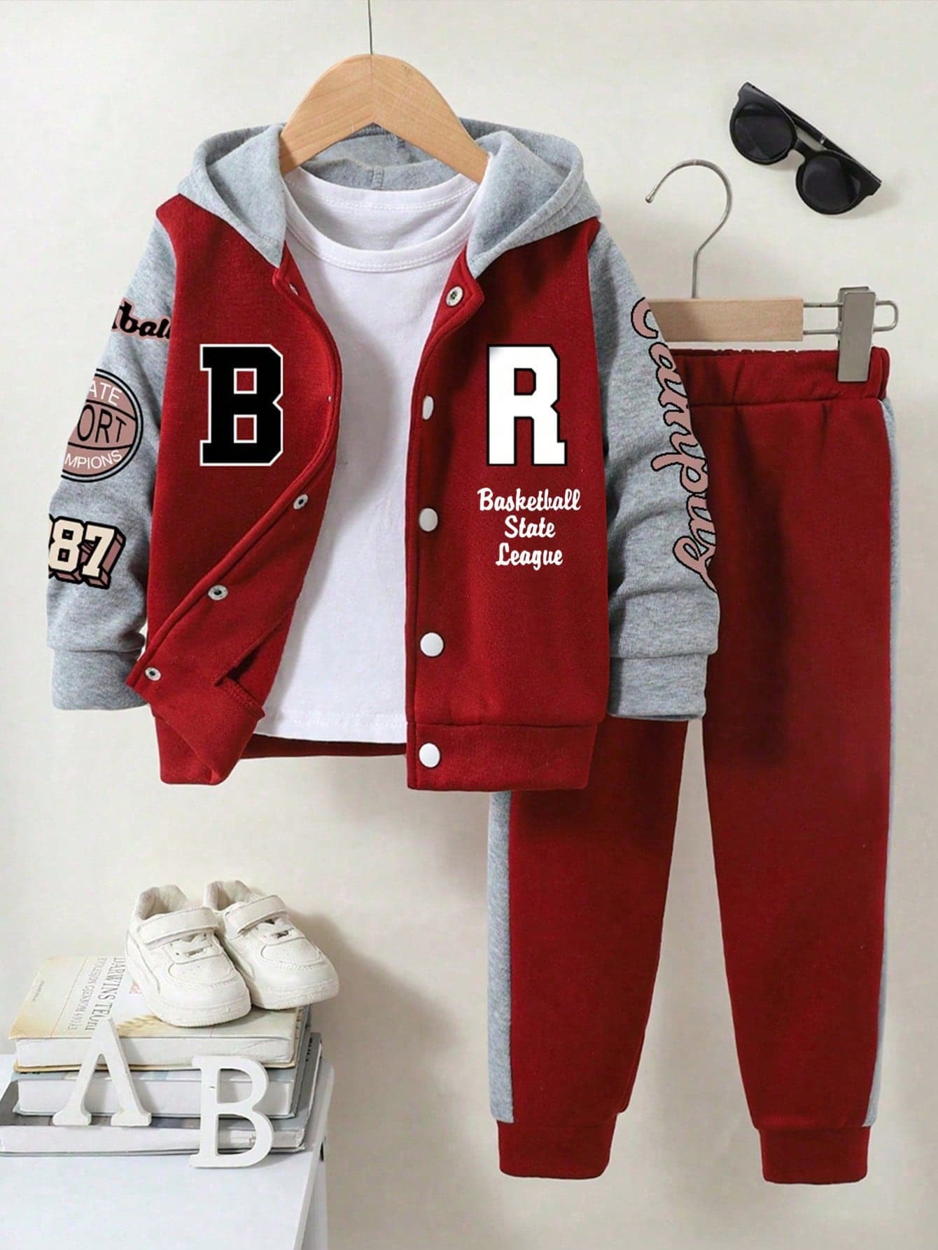 2pcs/Set Boys' Contrast Color Block Letter Print Hoodie Jacket And Pants Casual Outfit