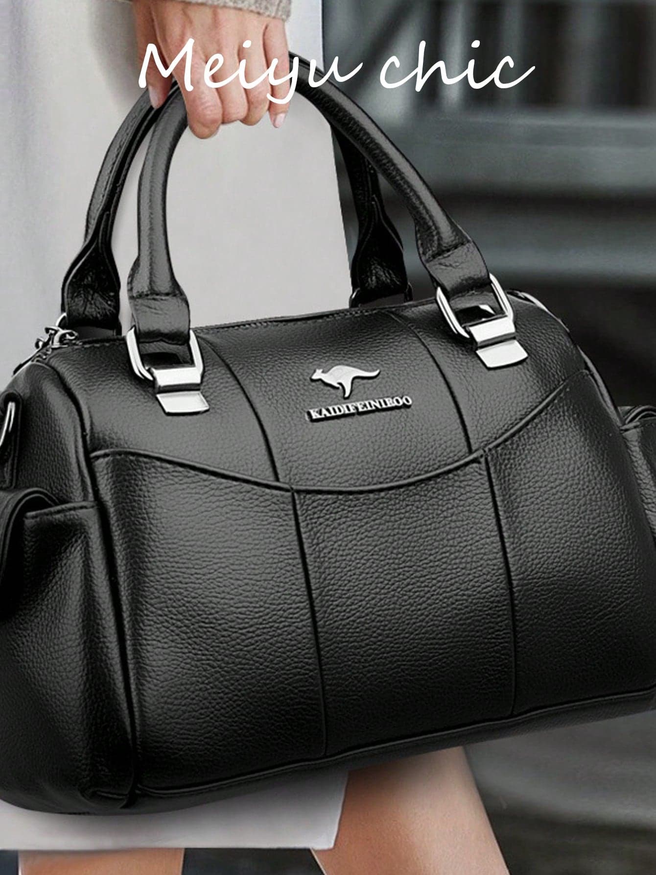 Women Stitched PU Bowling Style Handbag, Metal Hardware Decor Portable Top Handle Bag, Large Capacity Travel Shopping Crossbody Shoulder Bag