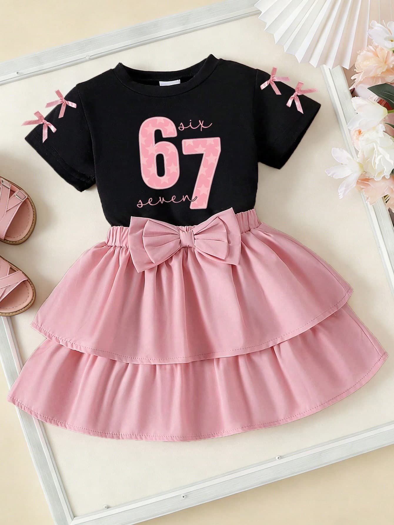 Toddler Girls' Cartoon Number Print Round Neck Short Sleeve Top And Bubble Skirt Set