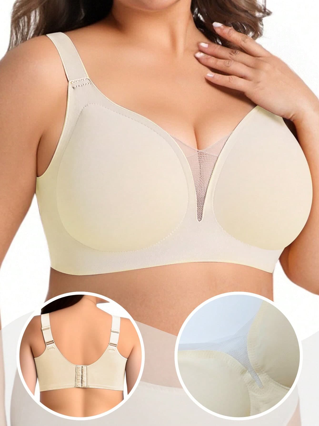 Plus Size Soft Support Wireless Bra, Seamless Lace Patchwork Bra For Women