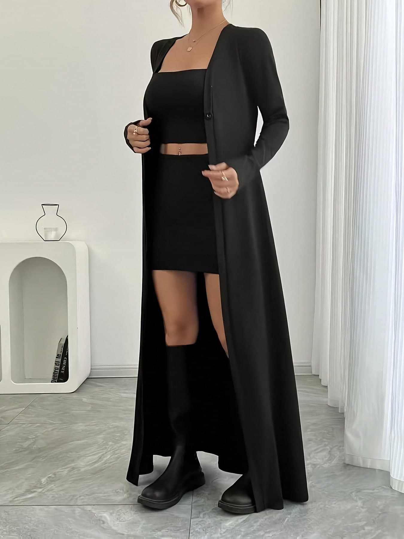 Plus Size Women Casual Commuter Solid Color Versatile Button-Up Long Sleeve Slim Fit Long Cardigan Black Spring
