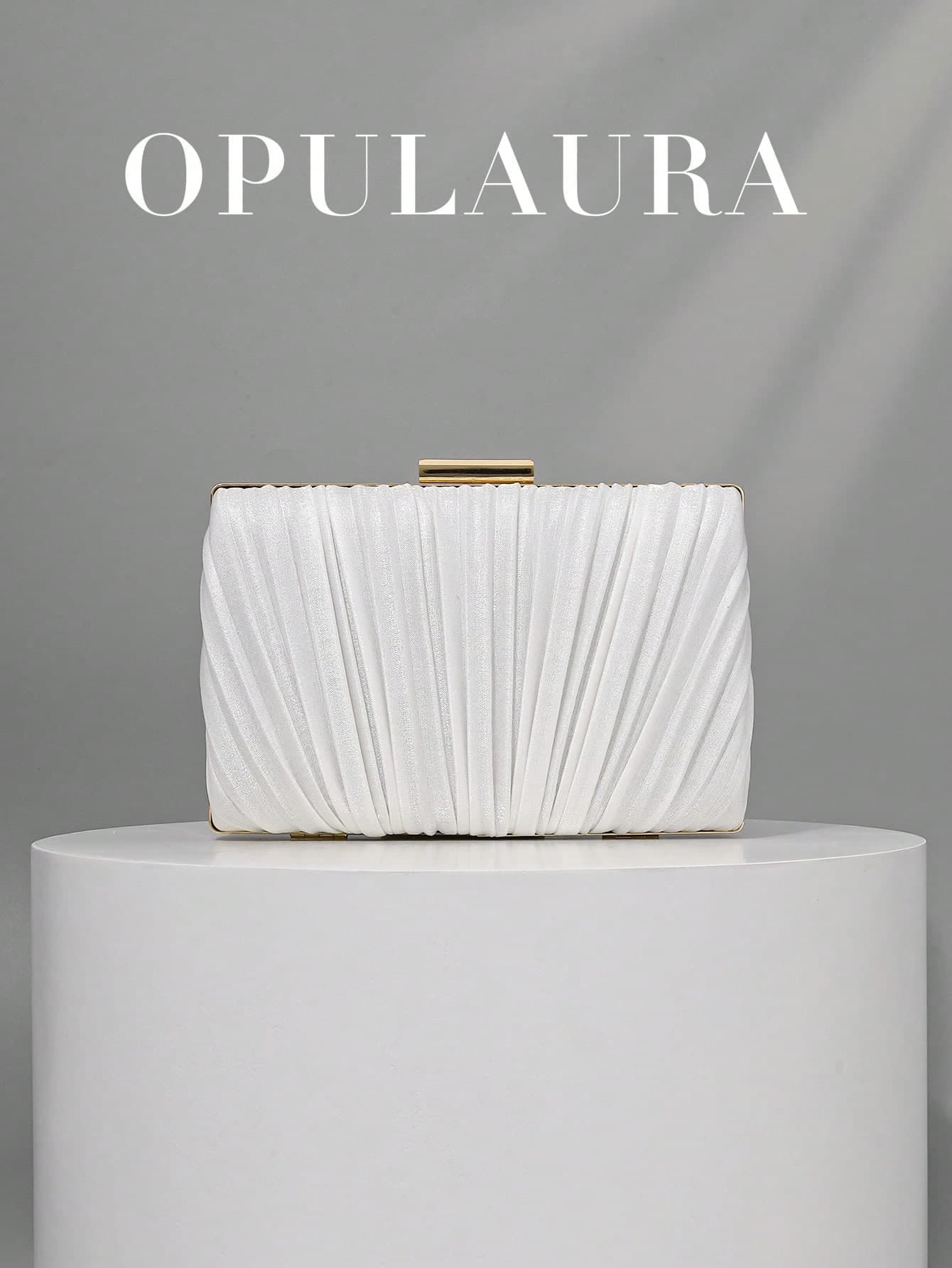 OpulAura 1pc Vintage Elegant Satin Pleated Formal Party Clutch Bag, Charming & Refined Formal Event Handbag, Luxury Box Style Small Purse Suitable For Party/Wedding/Formal Occasion, With Detachable Chain For Shoulder Or Crossbody Wear, White Bag