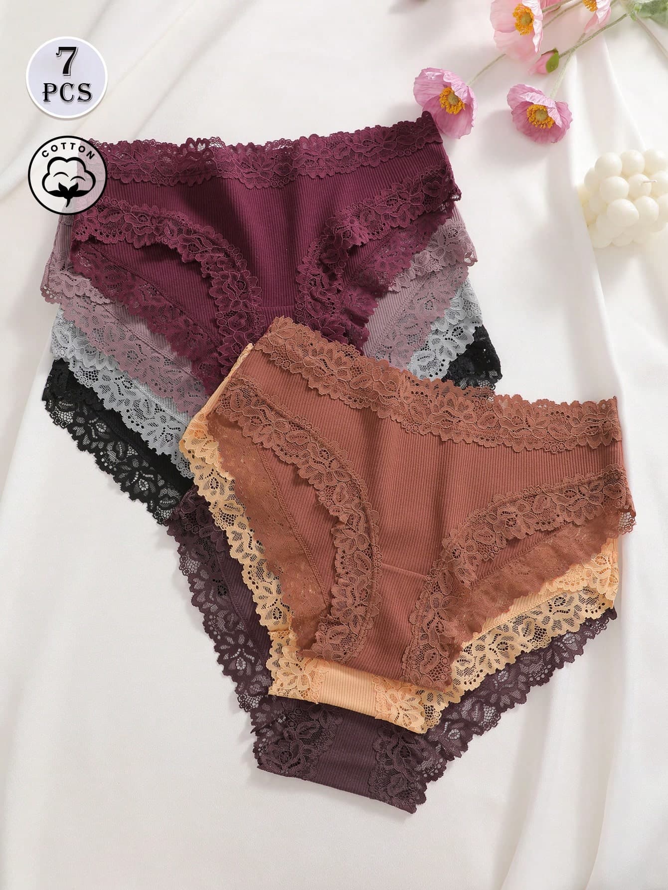 7pcs/Set Solid Color Cotton Lace Patchwork Ribbed Sexy Romantic Comfortable Low Waist Women's Triangle Panties