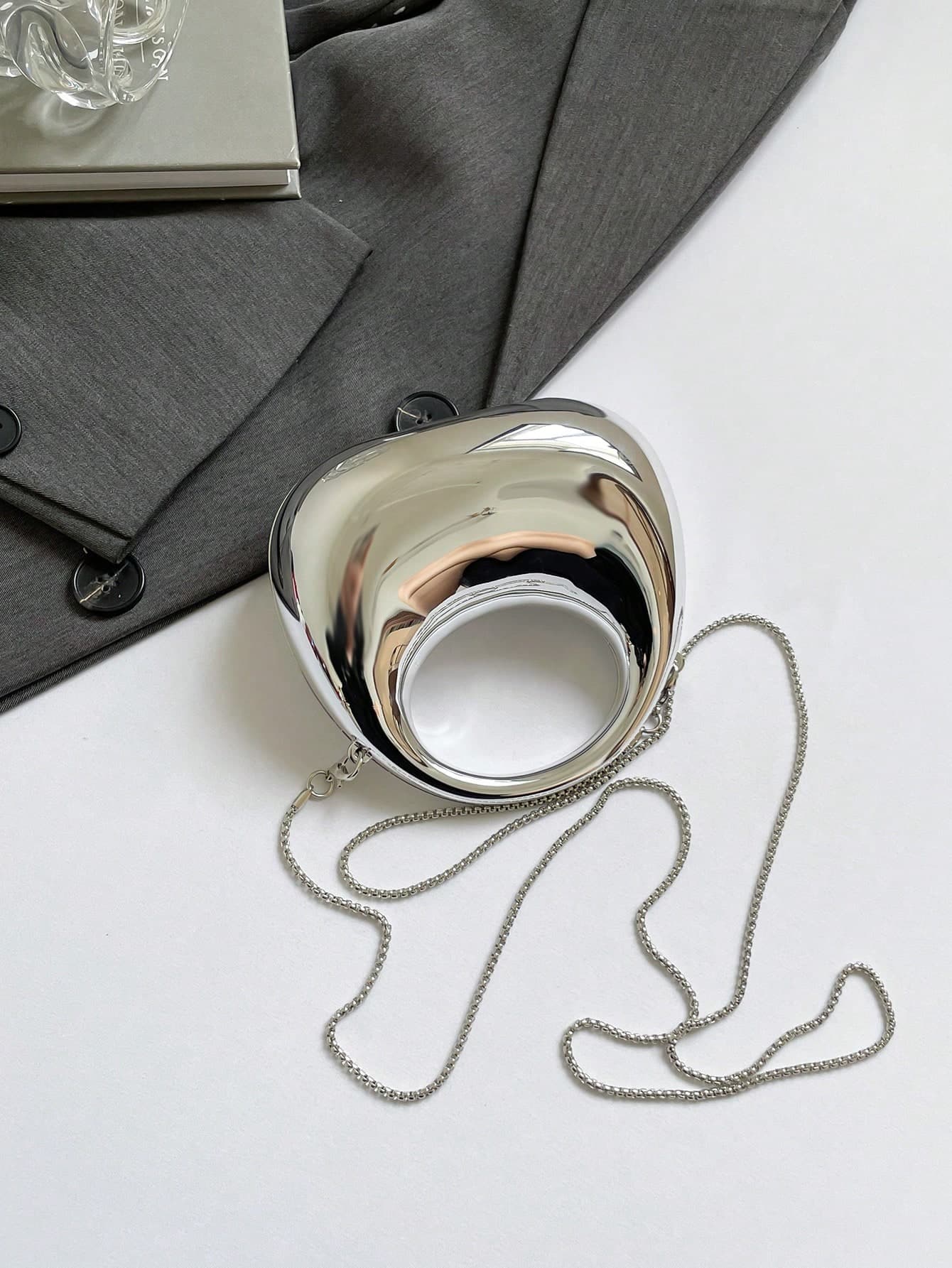 SHEIN BAE Fashionable Metallic Color Defined Capacity Round Evening Bag, Round Ring Crescent Party Handbag, Versatile Shoulder Crossbody Clutch Purse