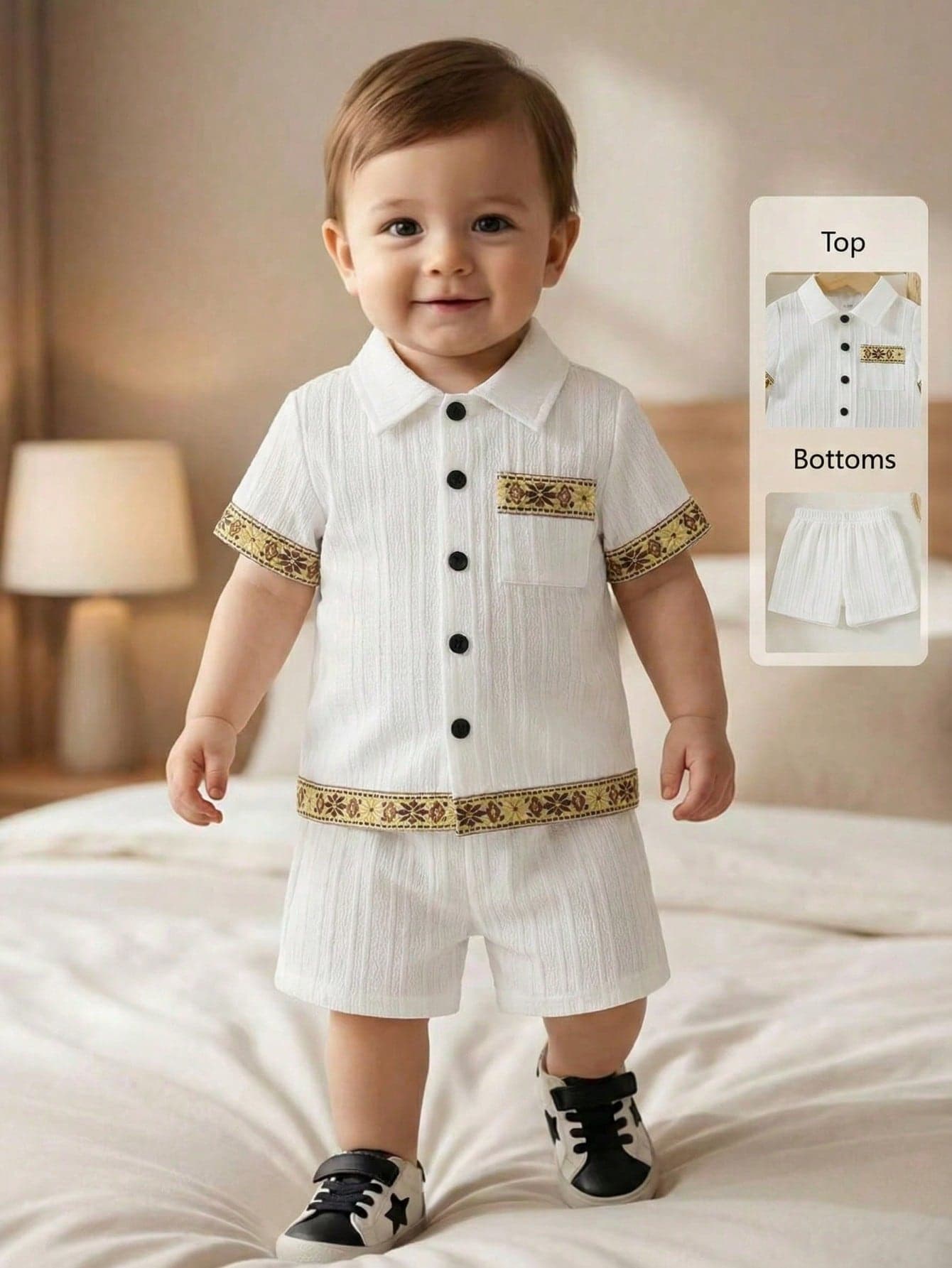 2pcs/Set BabyBo Striped Letter Vintage Floral Trim Shirt And Shorts Street Fashion Children Outfit