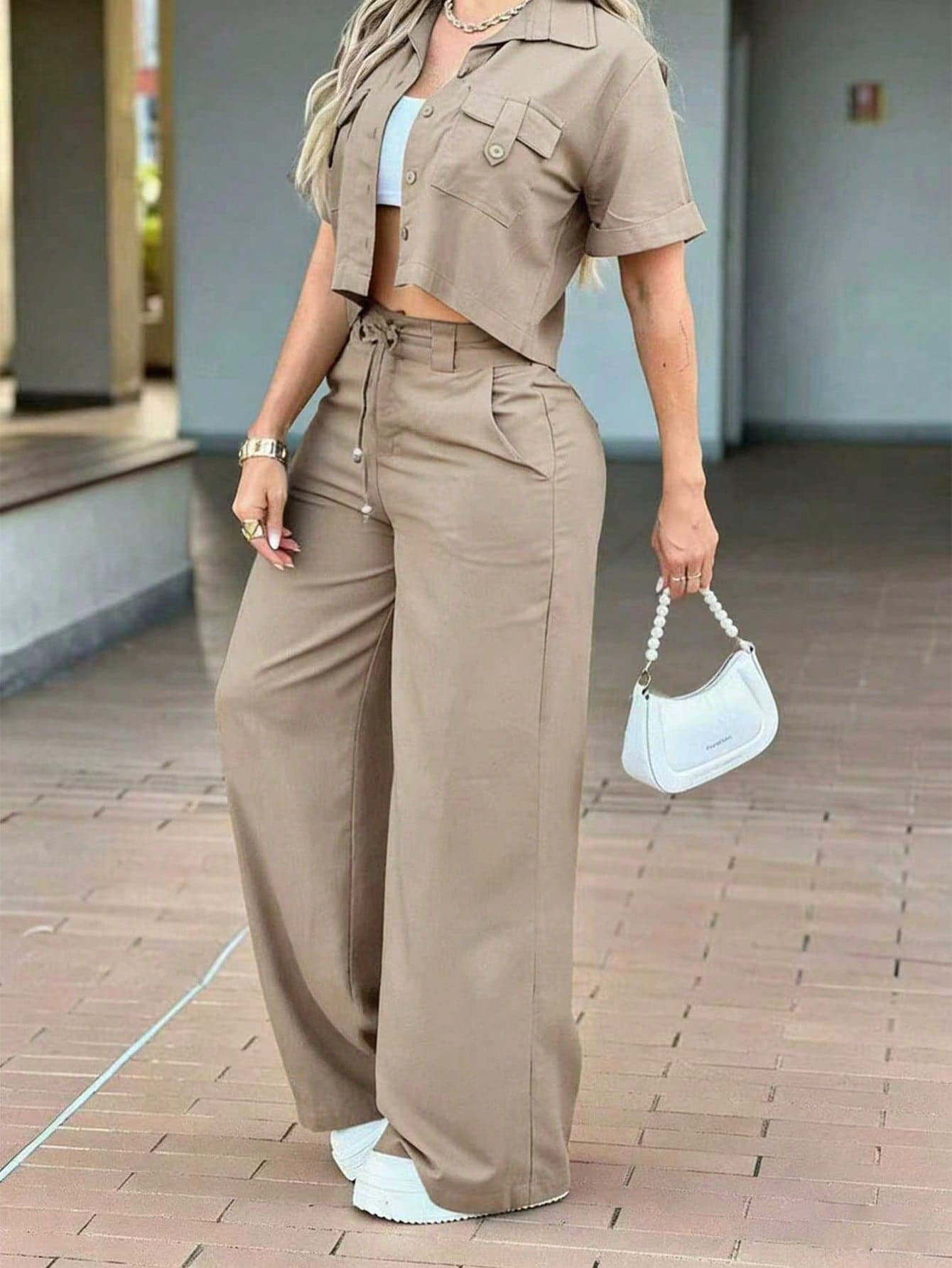 Two Pieces Summer Women's Fashion Solid-Color Casual Set: Short-Sleeve Top With Lapel And Pockets, High-Waisted Straight-Leg Pants