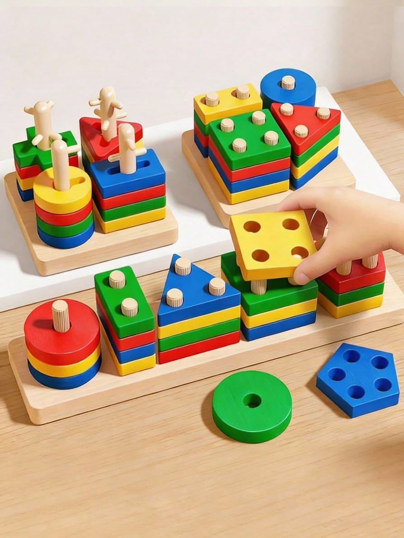 Wooden Stacking Toy - Colorful Stacking Blocks, Shape Sorting Tower, For Shape Recognition And Motor Skill Training, Educational Building Blocks