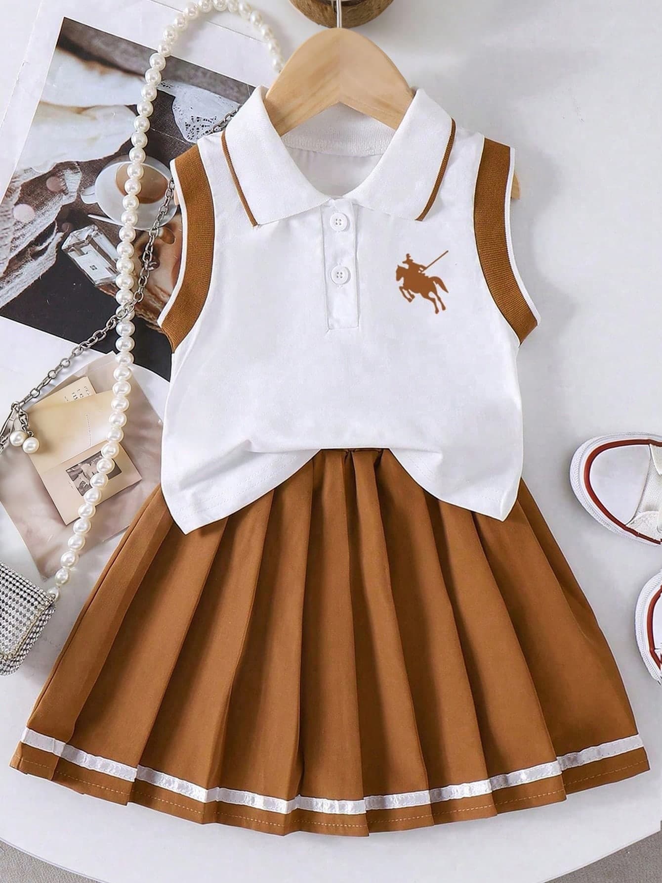 Tween Girl Knight Print Polo Collar Tank Top And Pleated Mini Skirt Casual Outfit