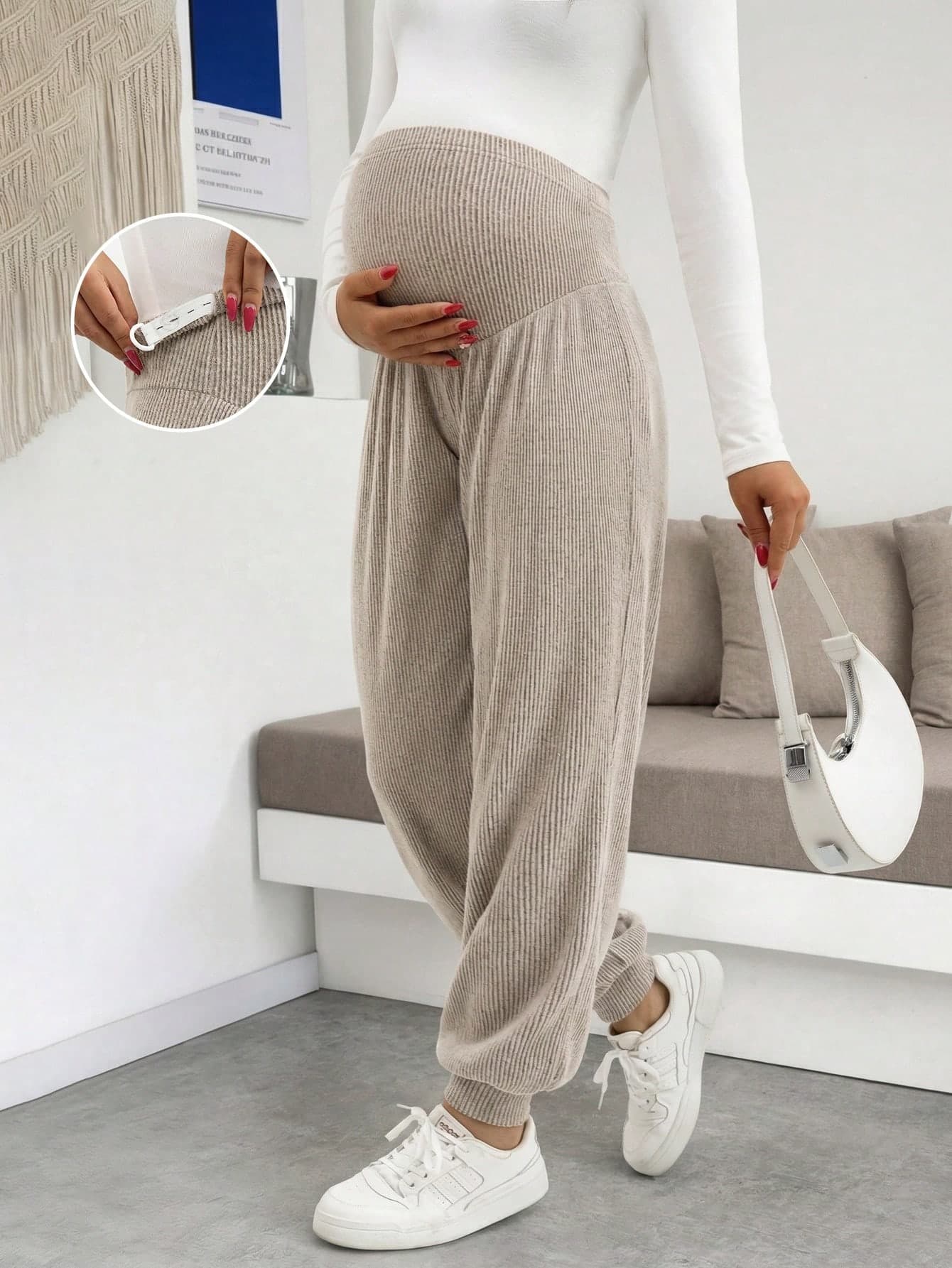 Khaki Maternity Pants, Casual Comfortable Stretch Knit Harem Pants, With Elastic Cuffs, Suitable For Daily Wear And Vacation (JH25130) Spring